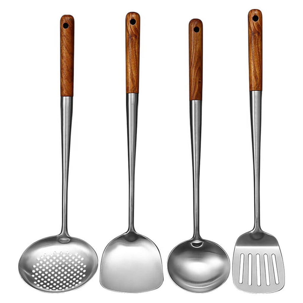 Long Handle Stainless Steel Wok Kitchen Slotted Turner Rice Spoon Ladle Cooking Tools Utensil Set – Convenient Carry Handles for Flexible Room-to-Room Use