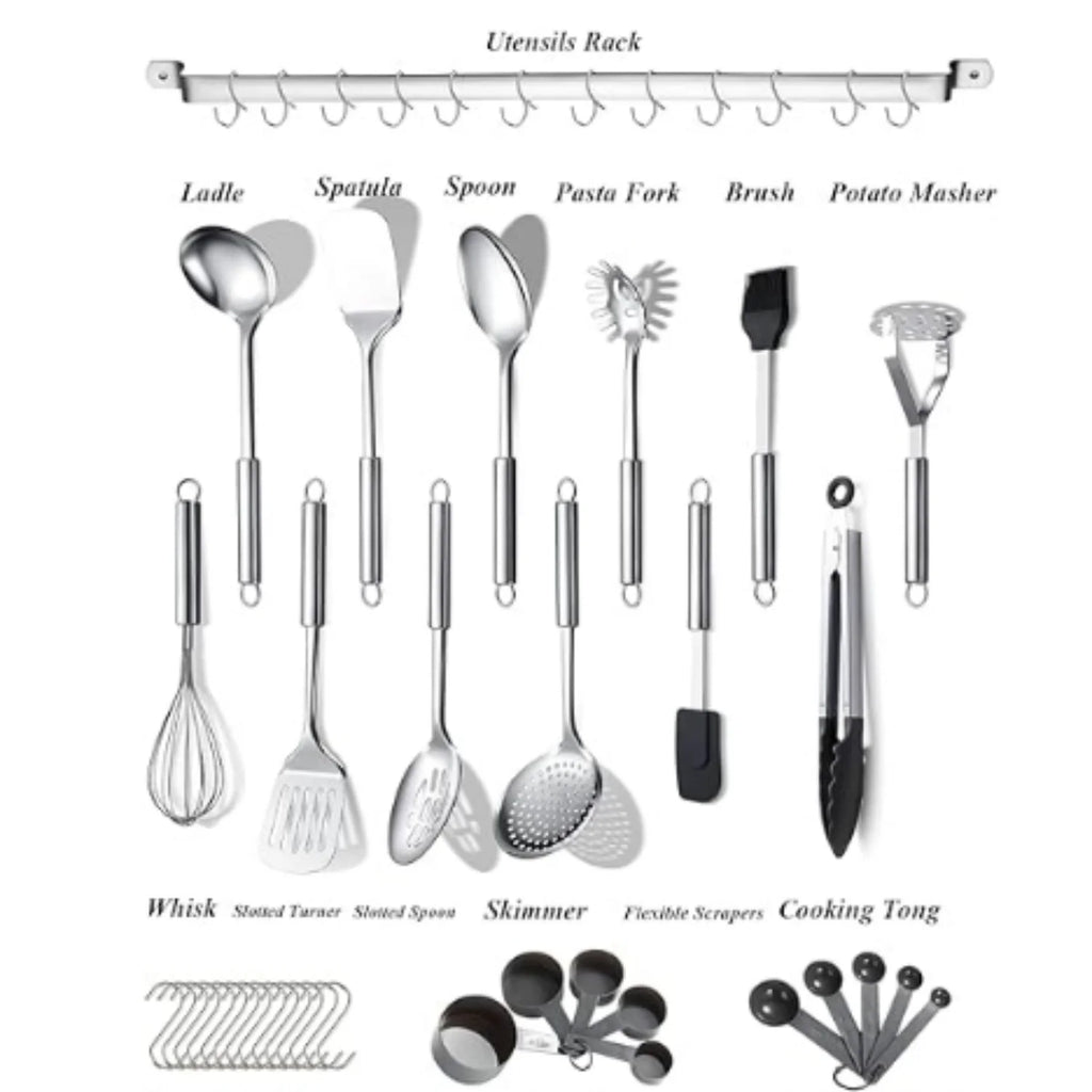 Kitchen Utensils Set 38 Pieces Stainless Steel Cooking Utensils Set Kitchen Gadgets Cookware Kitchen Tool Set with Utensil Holder Rack And Hooks For Hanging Dishwasher Suitable – Space-Saving Hanging Design for Flexible Room-to-Room Use