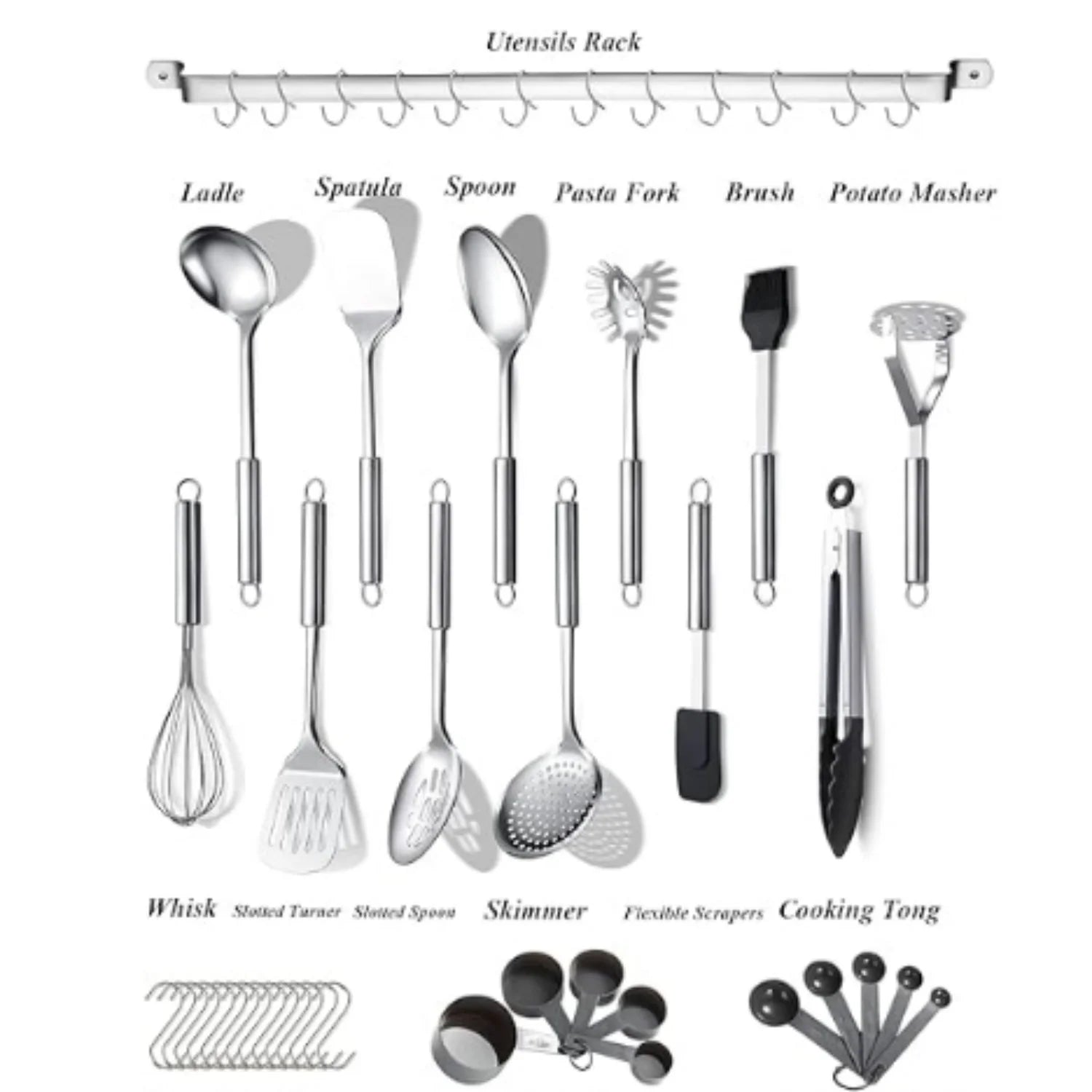Kitchen Utensils Set 38 Pieces Stainless Steel Cooking Utensils Set Kitchen Gadgets Cookware Kitchen Tool Set with Utensil Holder Rack And Hooks For Hanging Dishwasher Suitable – Space-Saving Hanging Design for Flexible Room-to-Room Use