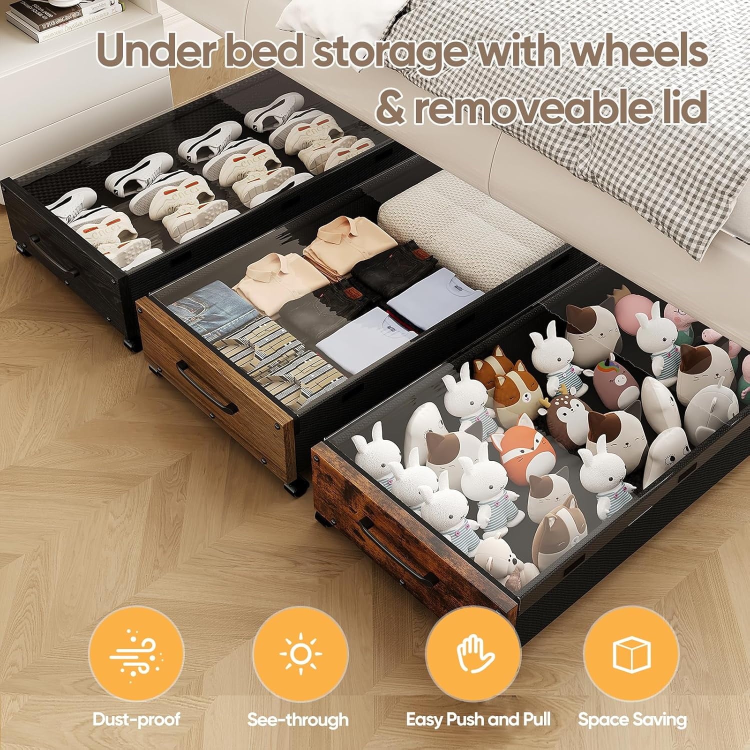Wooden Under Bed Storage with Wheels Rolling Under the Bed Storage Bins with Removable Lid Metal Under Bed Drawers for Clothes and Shoes in Bedroom or Living Room(Black Wood-2pack) – Easy-Roll Mobility for Flexible Room-to-Room Use