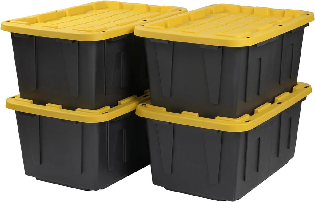 BLACK & YELLOW 27-Gallon Heavy Duty Tough Storage Container & Snap-Tight Lid (14.3"H x 20.6"W x 30.6"D) Weather-Resistant Design and Stackable Organization Tote [4 Pack] – Stackable Organization for Flexible Room-to-Room Use