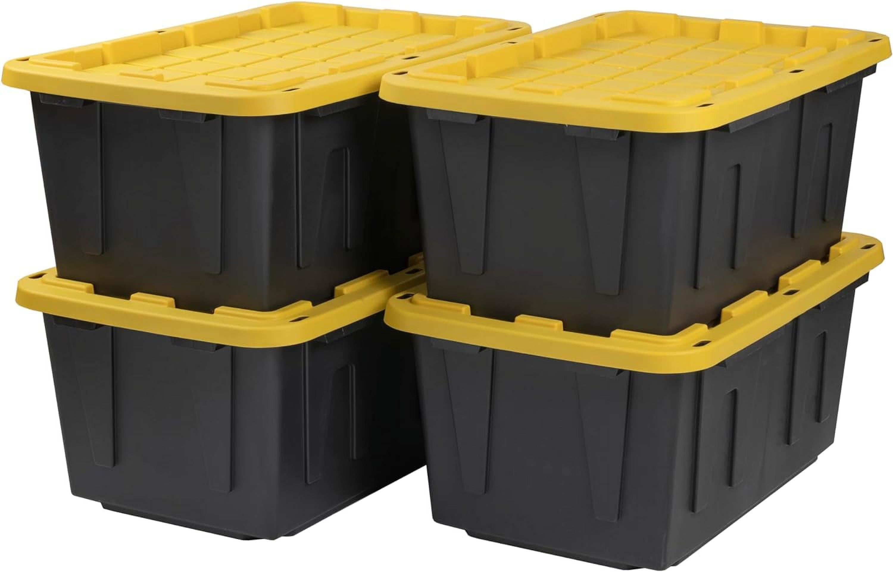 BLACK & YELLOW 27-Gallon Heavy Duty Tough Storage Container & Snap-Tight Lid (14.3"H x 20.6"W x 30.6"D) Weather-Resistant Design and Stackable Organization Tote [4 Pack] – Stackable Organization for Flexible Room-to-Room Use