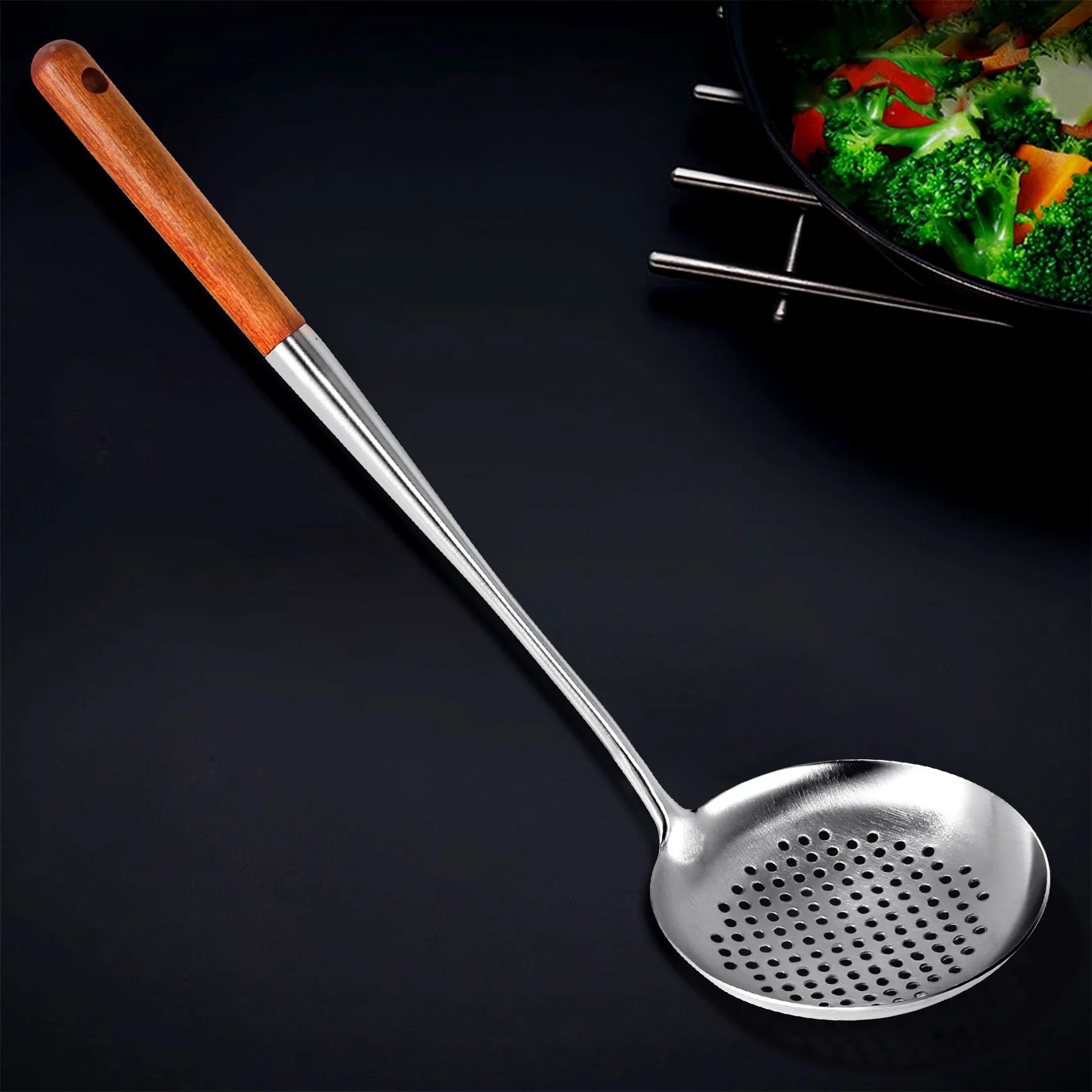 Long Handle Stainless Steel Wok Kitchen Slotted Turner Rice Spoon Ladle Cooking Tools Utensil Set – Convenient Carry Handles for Flexible Room-to-Room Use