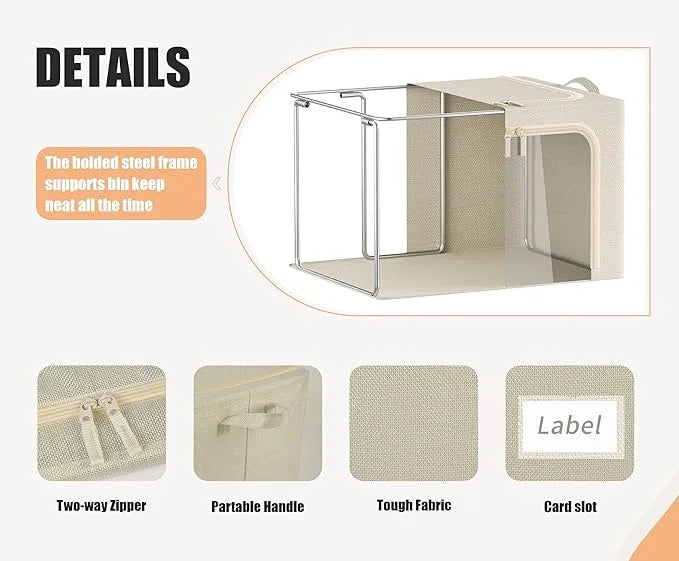 3 Openings Clothes Storage Bins with Metal Frame Foldable Storage Bin for Clothes Clothing Storage Bins with Lid Linen Storage Box With Clear Window＆ Zippers＆ Durable Handles.(3 Pcs,Beige,40L) – Everyday Household Format for Flexible Room-to-Room Use