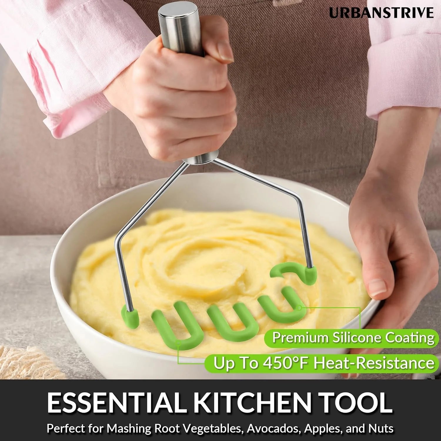 Non-Scratch Silicone Potato Masher Kitchen Tool Potatoes Masher Potato Masher Stainless Steel Wrapped In Well-crafted Silicone Potato Smasher – Durable Stainless Steel Construction for Flexible Room-to-Room Use