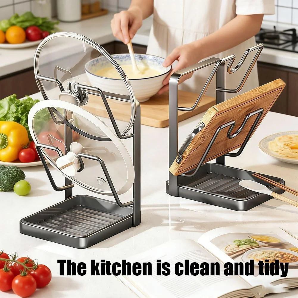 Kitchen Pot Lid Storage Rack Stainless Steel Pot Lid Holder While Cooking & Spoon Rest Multifunctional Pot Lid Organizer with Removable Drip Tray for Countertop Space-Saving Lid Rack – Durable Stainless Steel Construction for Flexible Room-to-Room Use