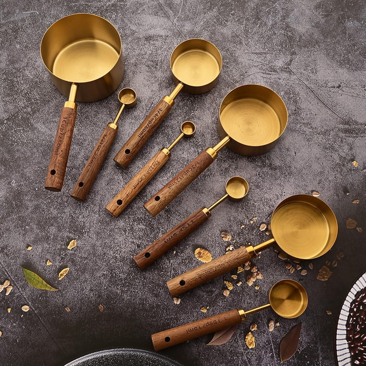 8 pieces Golden Measuring Cups Set and Measuring Spoons Set with Scale Wooden Handle Stainless Steel Dry & Liquid Measuring Cup for Cooking Baking – Convenient Carry Handles for Flexible Room-to-Room Use
