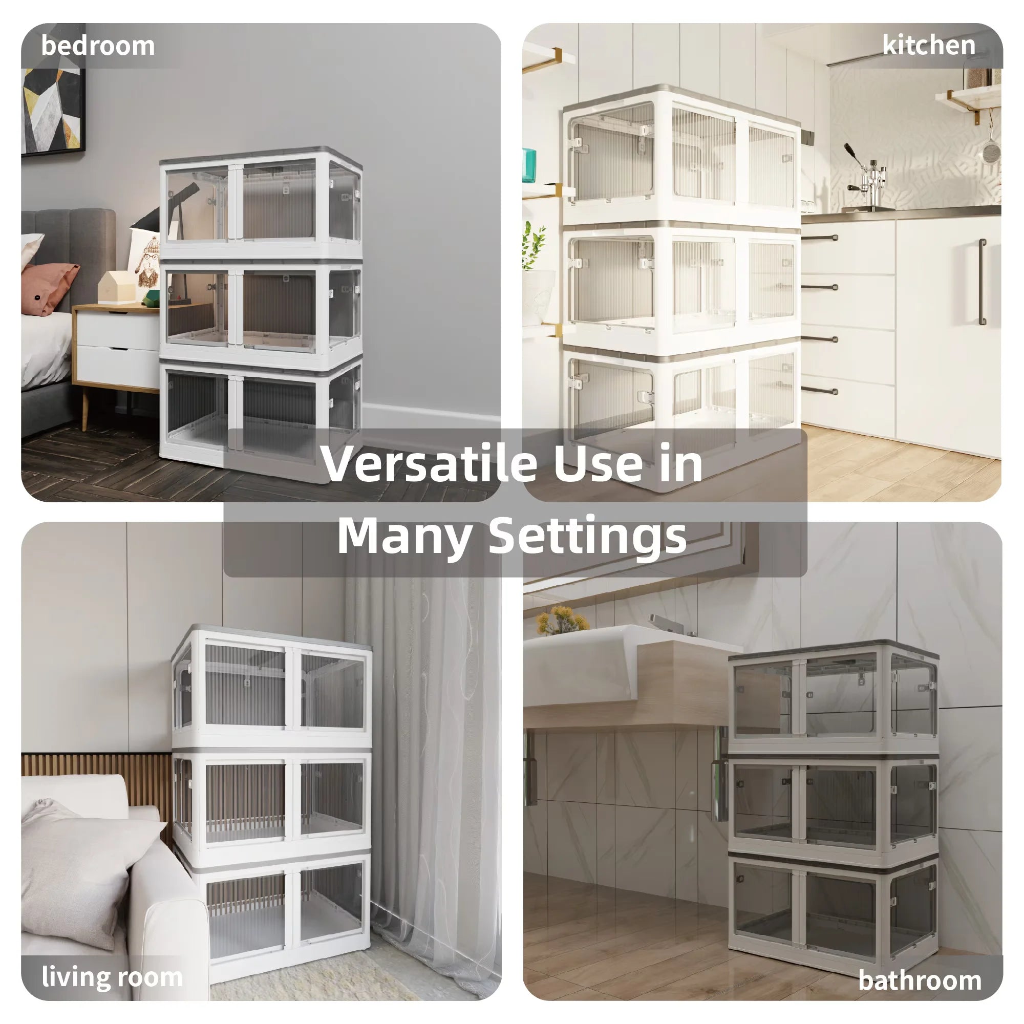 384QT 3-Pack Transparent Stackable Storage Bins with 5 Doors to Open with Wheels Folding Plastic Craft Containers Large Closet Organizers Box for Bedrooms Living Rooms Study Kids' Toys White – Stackable Organization for Flexible Room-to-Room Use