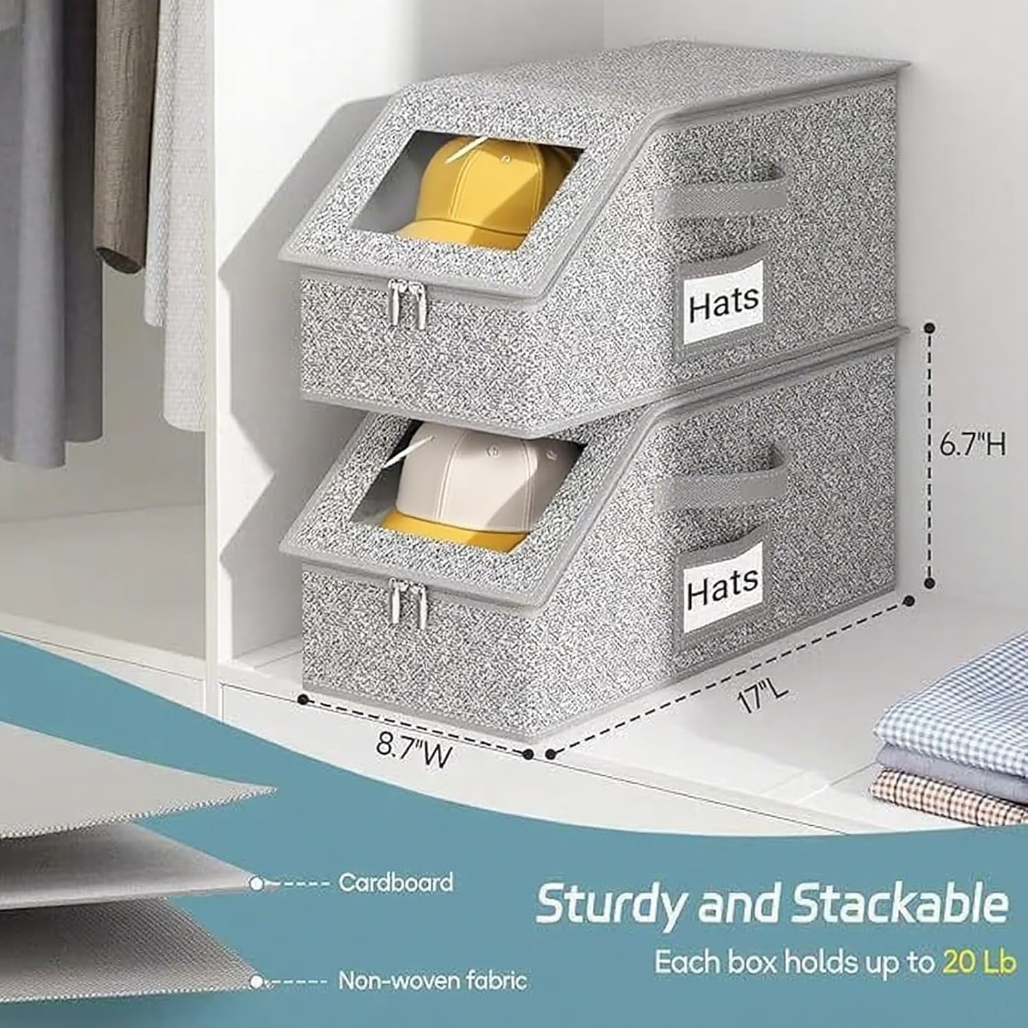 4 PCS Stackable Hat Storage for Baseball Caps Hat Storage Boxes for Closet Holds up to 12 Caps with Cardboard Hat Organizer for Women & Men (Grey) – Stackable Organization for Flexible Room-to-Room Use