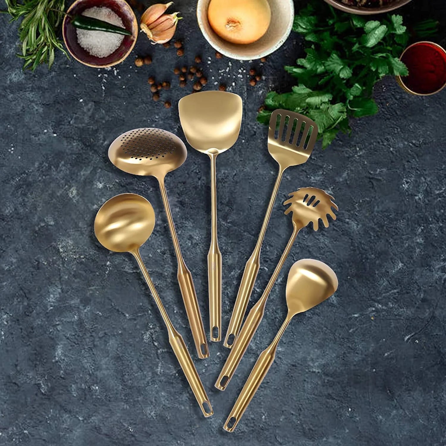 7pcs/ Set Gold Cooking Utensils Suitable for everyday use Kitchen Tool with Holder Stainless Steel – Durable Stainless Steel Construction for Flexible Room-to-Room Use