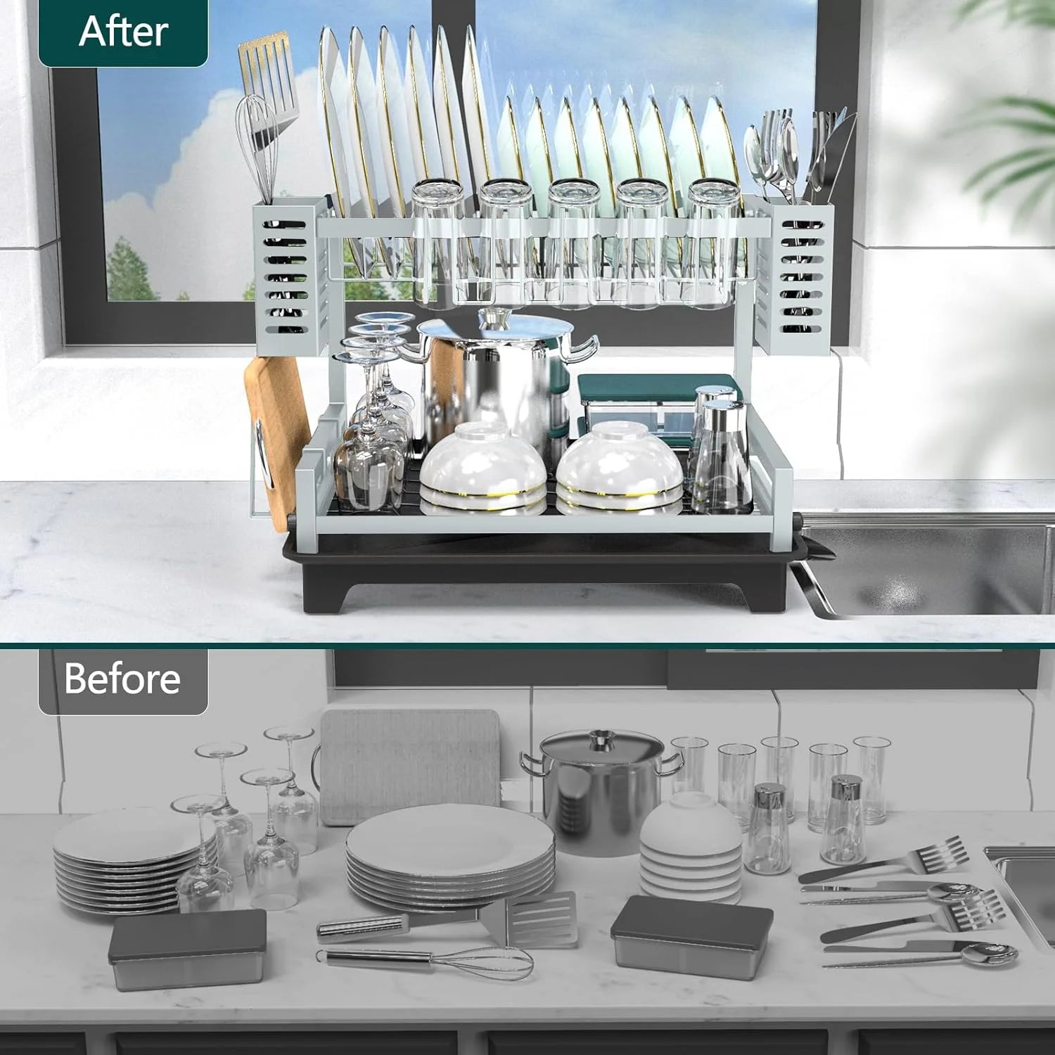Dish Drying Rack: 2 Tier Dish Racks for Kitchen Counter and Sink - Large Dish Drying Rack with Drainboard & Utensil Holders - Stainless Steel Dish Drainers Kitchen Organization and – Durable Stainless Steel Construction for Flexible Room-to-Room Use