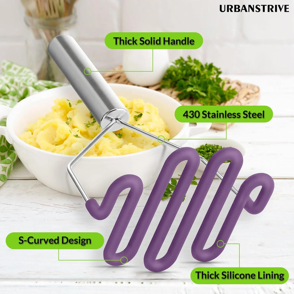 Scratch-resistant silicone potato mash maker kitchen tool stainless steel outer layer wrapped with durable silicone. – Durable Stainless Steel Construction for Flexible Room-to-Room Use