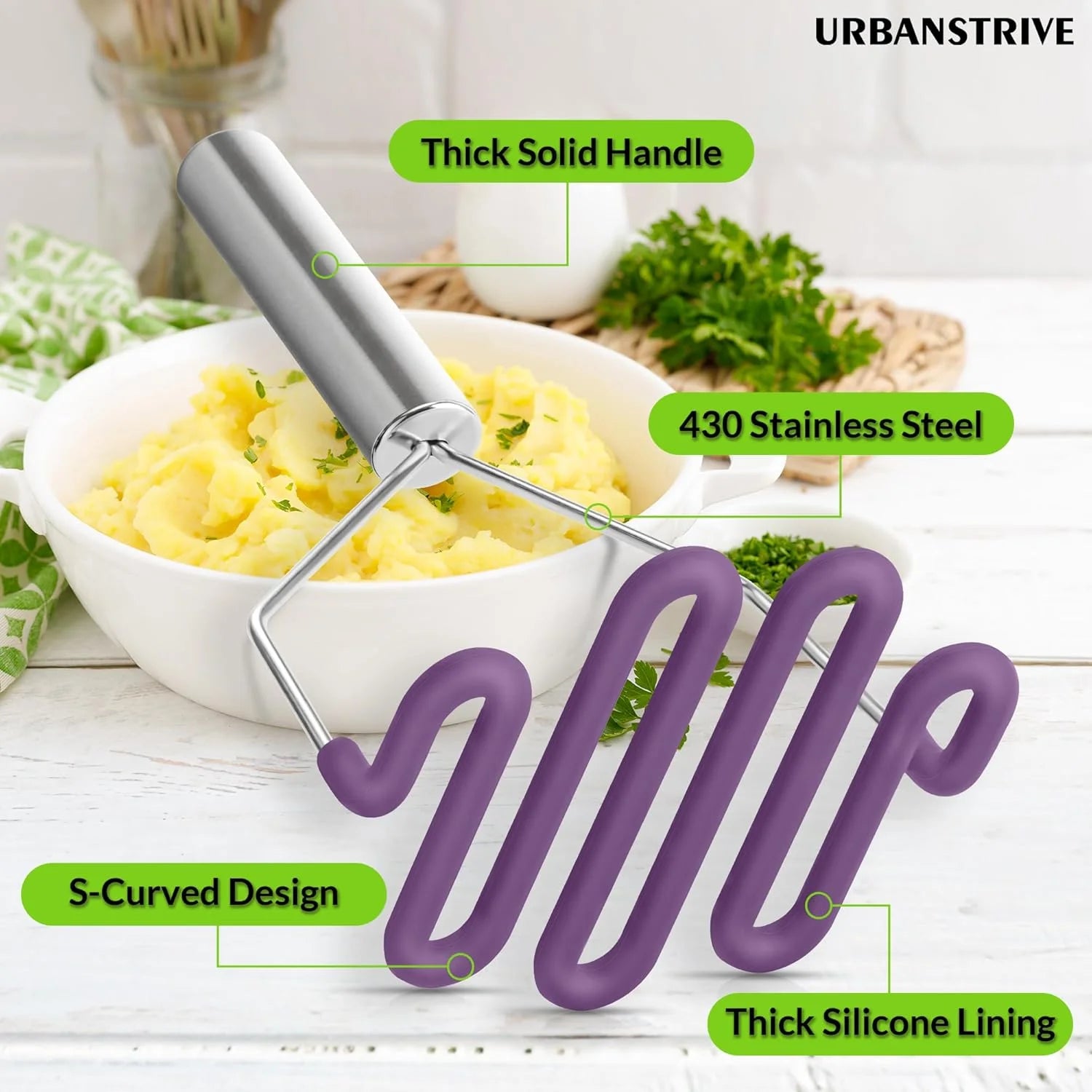 Scratch-resistant silicone potato mash maker kitchen tool stainless steel outer layer wrapped with durable silicone. – Durable Stainless Steel Construction for Flexible Room-to-Room Use