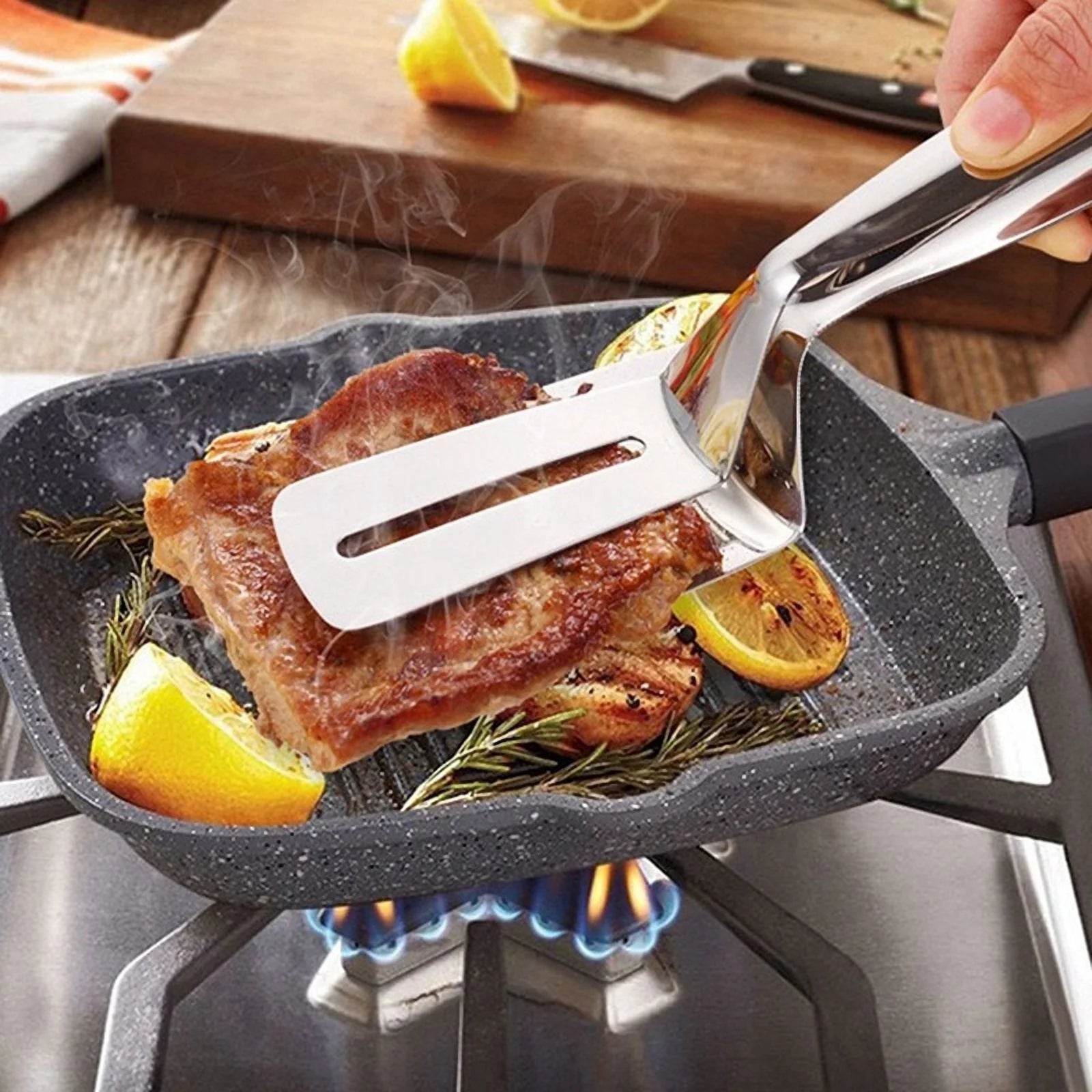 Stainless Steel Double-Sided Shovel Clip Stainless Steel Spatula Kitchen Tongs,Grill Clamp Flipping Spat – Durable Stainless Steel Construction for Flexible Room-to-Room Use