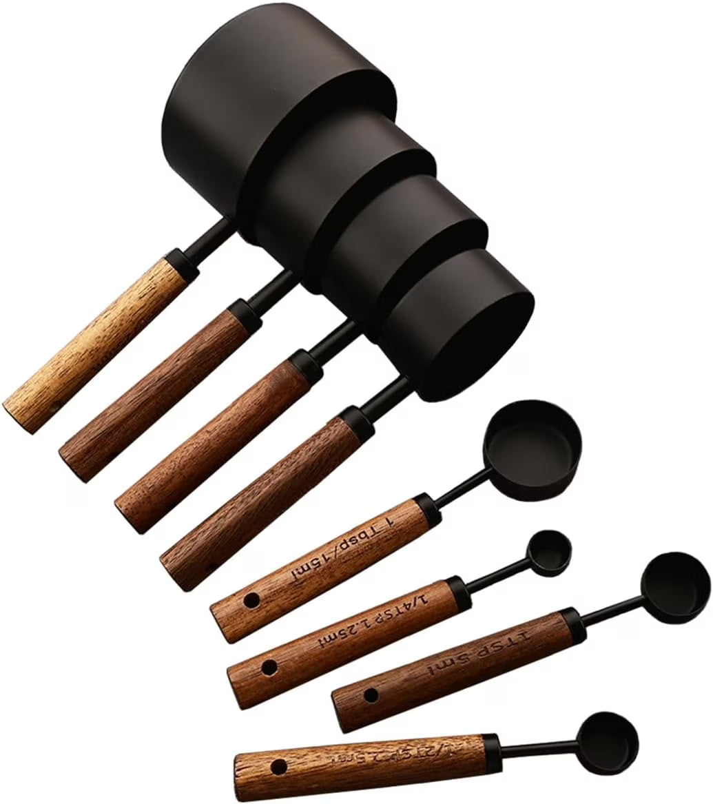 8 pieces Black Measuring Cups Set and Measuring Spoons Set with Scale Wooden Handle Stainless Steel Dry & Liquid Measuring Cup for Cooking Baking – Convenient Carry Handles for Flexible Room-to-Room Use