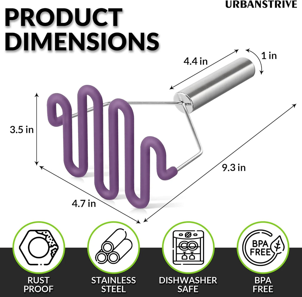 Scratch-resistant silicone potato mash maker kitchen tool stainless steel outer layer wrapped with durable silicone. – Durable Stainless Steel Construction for Flexible Room-to-Room Use