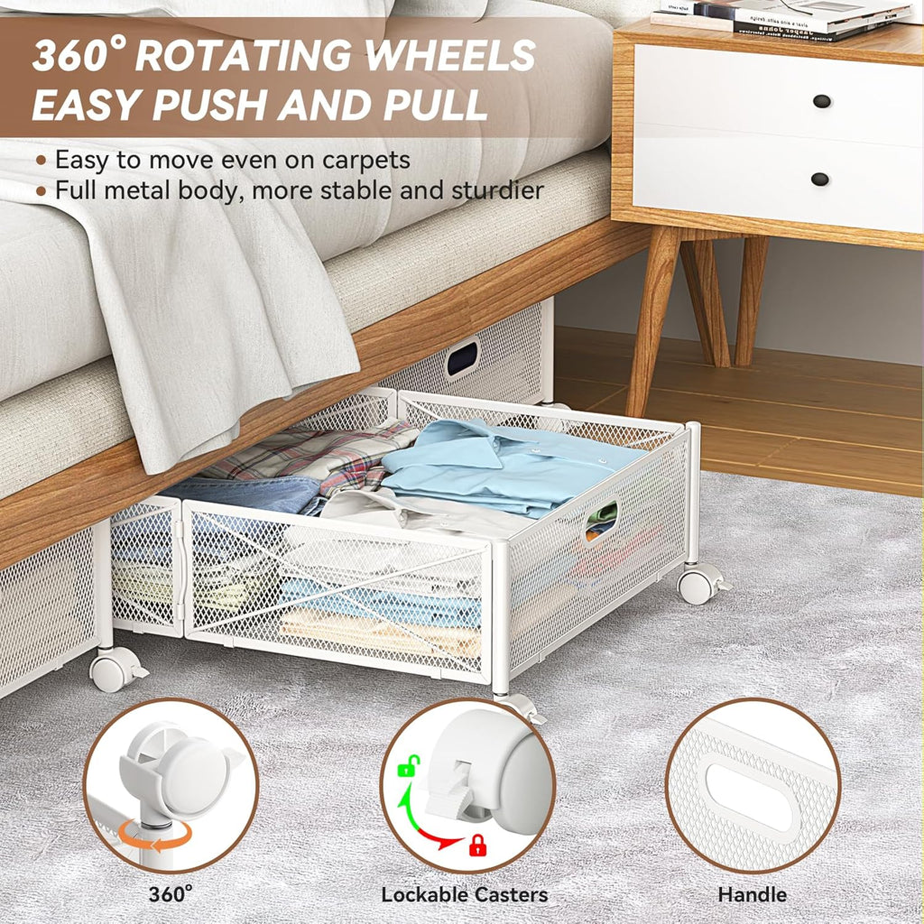Under Bed Storage Containers with Wheels Under Bed Shoe Storage Organizer Drawer Tool-free Assembly Metal Storage Containers for Bedroom Clothes Shoes Blankets -2PCK – Multiroom Organization Format for Flexible Room-to-Room Use