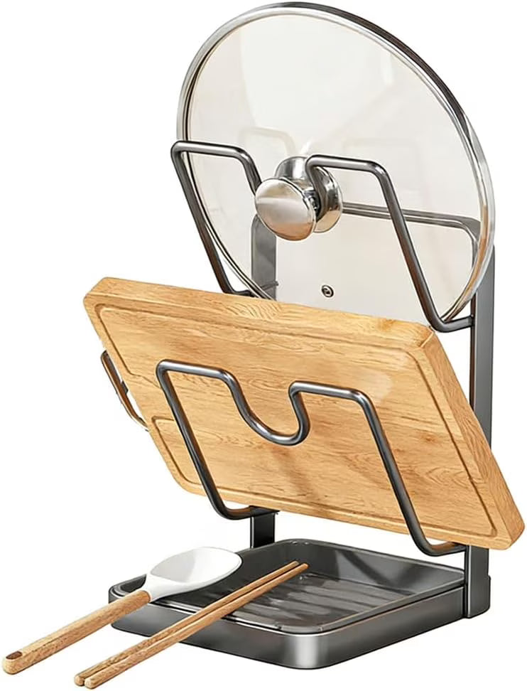 Kitchen Pot Lid Storage Rack Stainless Steel Pot Lid Holder While Cooking & Spoon Rest Multifunctional Pot Lid Organizer with Removable Drip Tray for Countertop Space-Saving Lid Rack – Durable Stainless Steel Construction for Flexible Room-to-Room Use