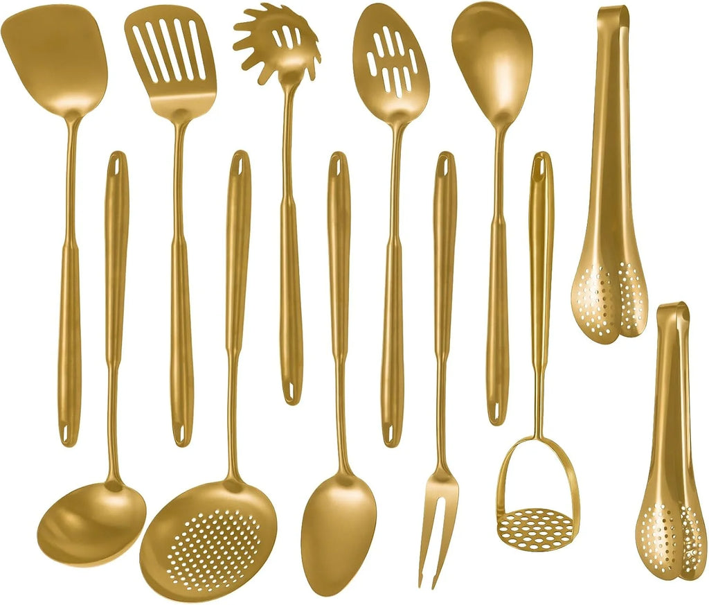 304 Stainless Steel Cooking Utensils,6 Pcs Kitchen Cooking Utensils Set with Spatula Solid Spoon Ladle Skimmer Spaghetti Spoon,Dishwasher Suitable(Gold) – Durable Stainless Steel Construction for Flexible Room-to-Room Use