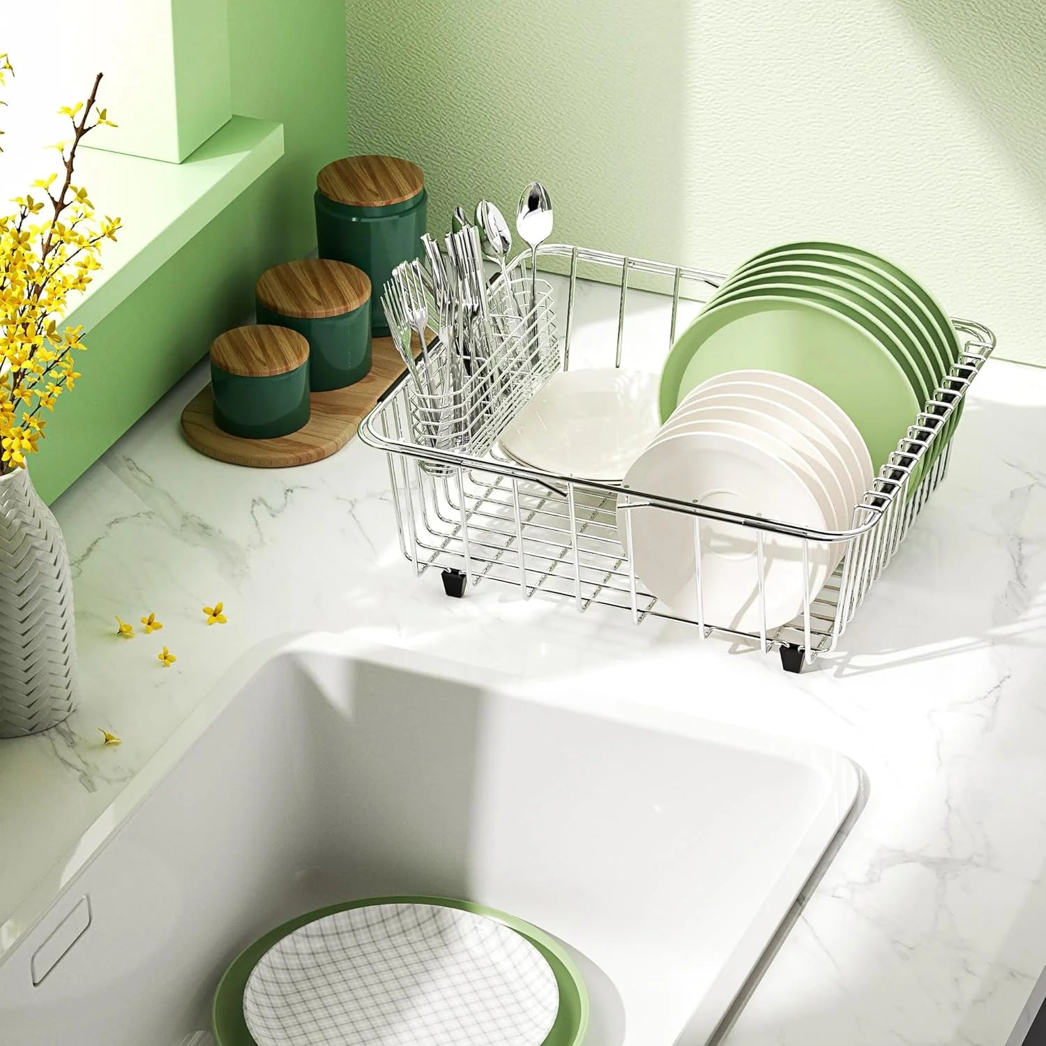 Dish Drying Rack in-Sink 304 Stainless Steel Dish Drainer with Stainless Steel Silverware Holder Over Inside Sink-Adjustable – Durable Stainless Steel Construction for Flexible Room-to-Room Use