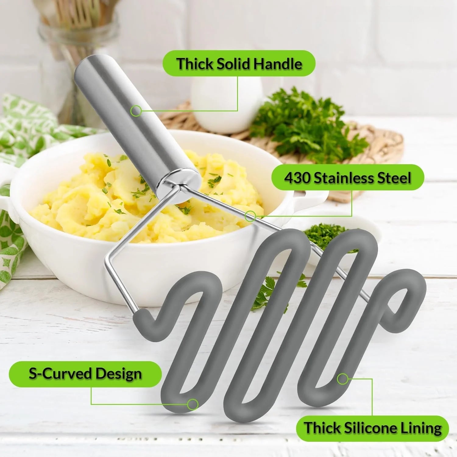 Scratch-resistant silicone potato masher kitchen tool potato masher stainless steel wrapped durable silicone potato smasher gray – Durable Stainless Steel Construction for Flexible Room-to-Room Use