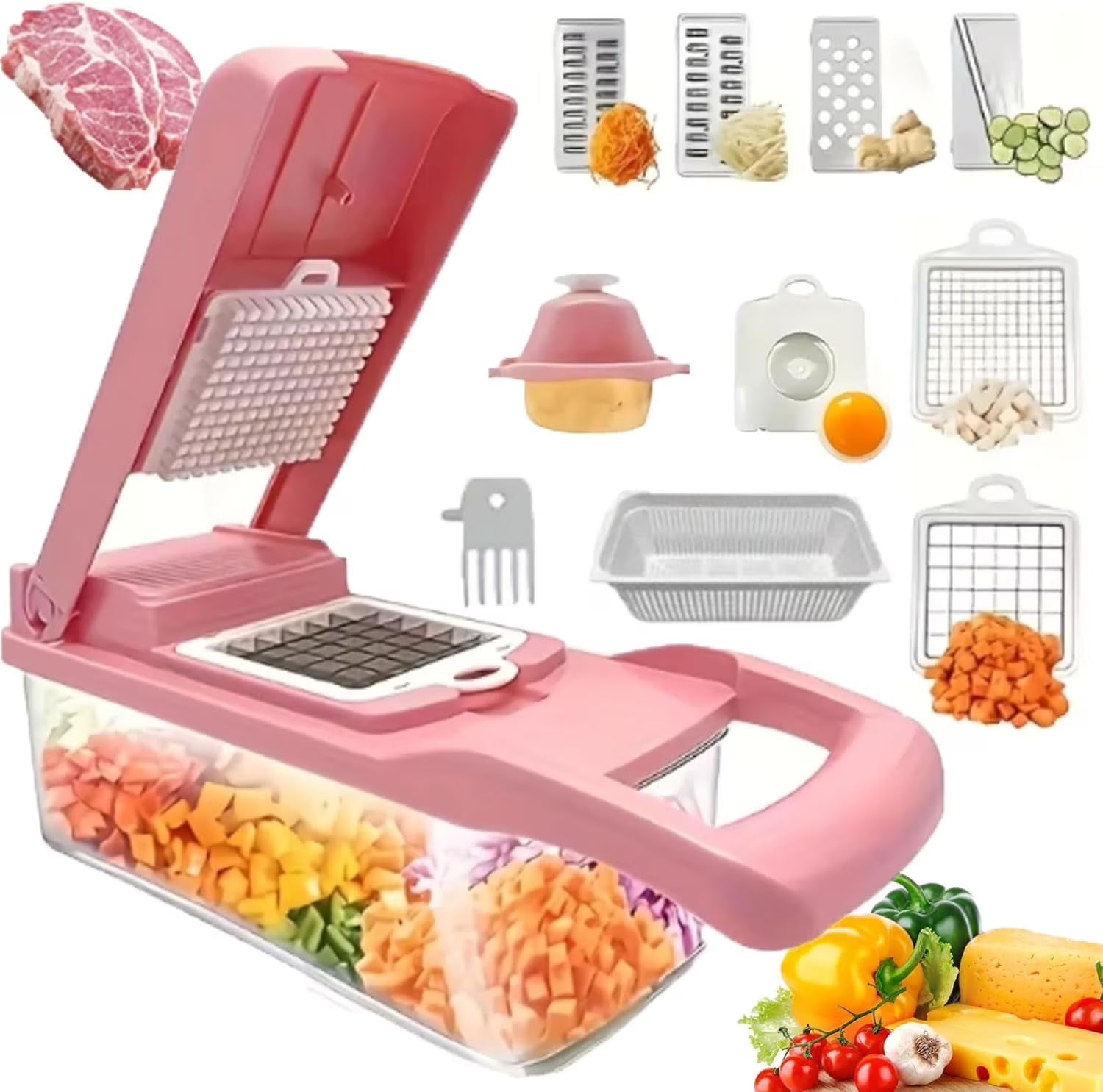 14Pcs Multi-Functional Vegetable Cutter & Slicer Trendgolden Food Chopper Stainless Steel Blades Kitchen Gadgets & Accessories (Pink) – Durable Stainless Steel Construction for Flexible Room-to-Room Use