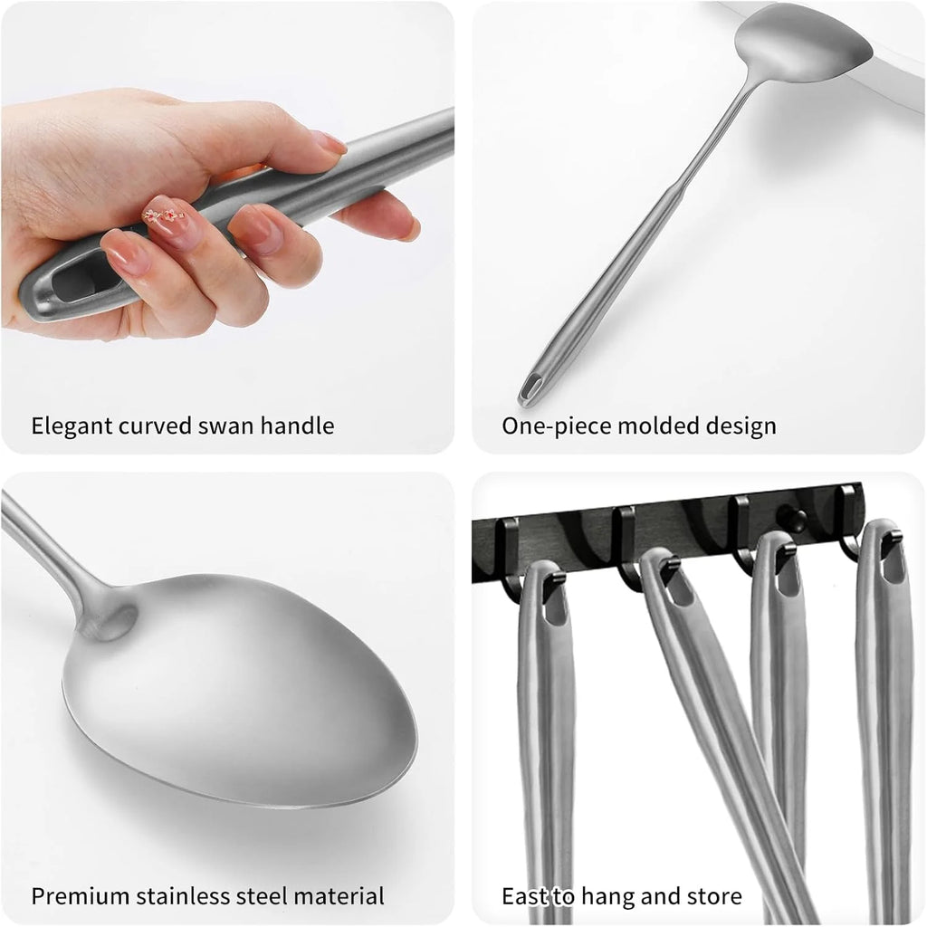 304 Stainless Steel Cooking Utensils,6 Pcs Kitchen Cooking Utensils Set with Spatula Solid Spoon Ladle Skimmer Spaghetti Spoon,Dishwasher Suitable(Black) – Durable Stainless Steel Construction for Flexible Room-to-Room Use