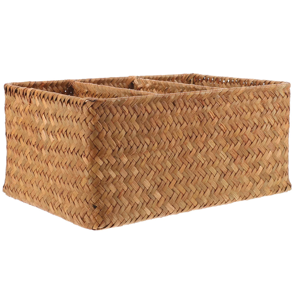 Straw Desktop Storage Box Pantry Basket Bins Hamper for Shelves with Lid Chocolate – Secure Lid Design for Flexible Room-to-Room Use