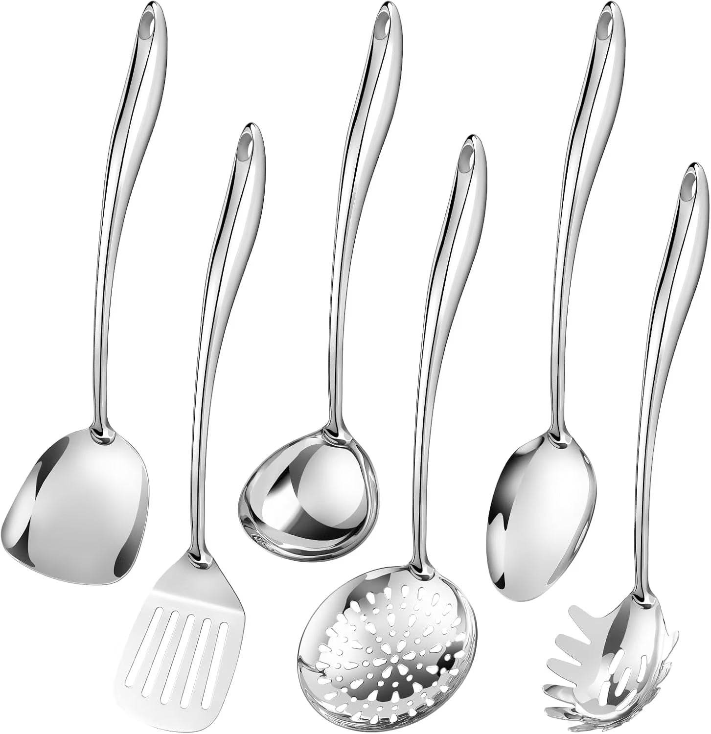 304 Stainless Steel Cooking Utensils Set,6 Pcs Long Metal Kitchen Utensils Set with Spatula Solid Spoon Ladle Skimmer Spaghetti Spoon,Dishwasher Suitable – Durable Stainless Steel Construction for Flexible Room-to-Room Use
