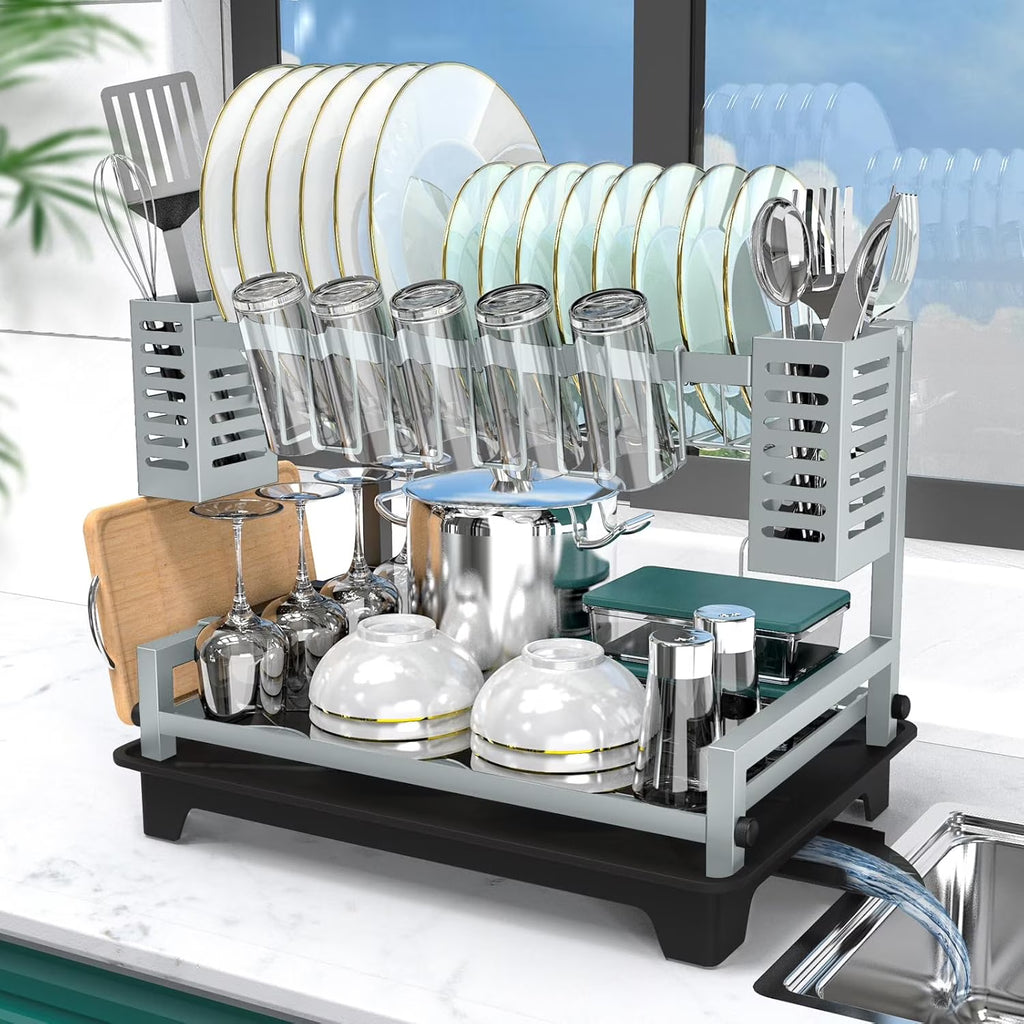 Dish Drying Rack: 2 Tier Dish Racks for Kitchen Counter and Sink - Large Dish Drying Rack with Drainboard & Utensil Holders - Stainless Steel Dish Drainers Kitchen Organization and – Durable Stainless Steel Construction for Flexible Room-to-Room Use