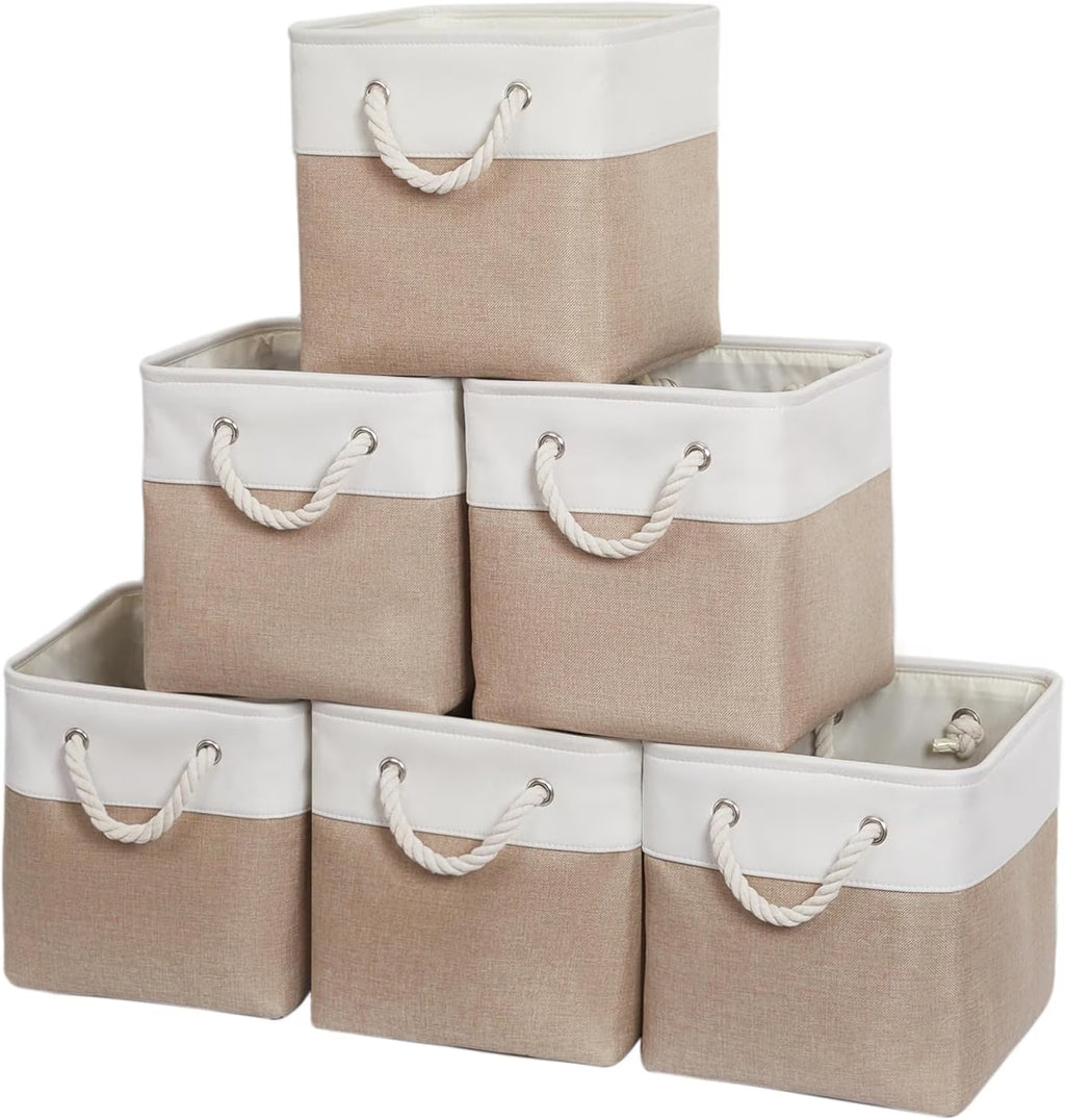 11 x 11 Inch Storage Cubes 6 Pack Large Collapsible Fabric Storage Bin White&Beige – Foldable Space-Saving Design for Flexible Room-to-Room Use