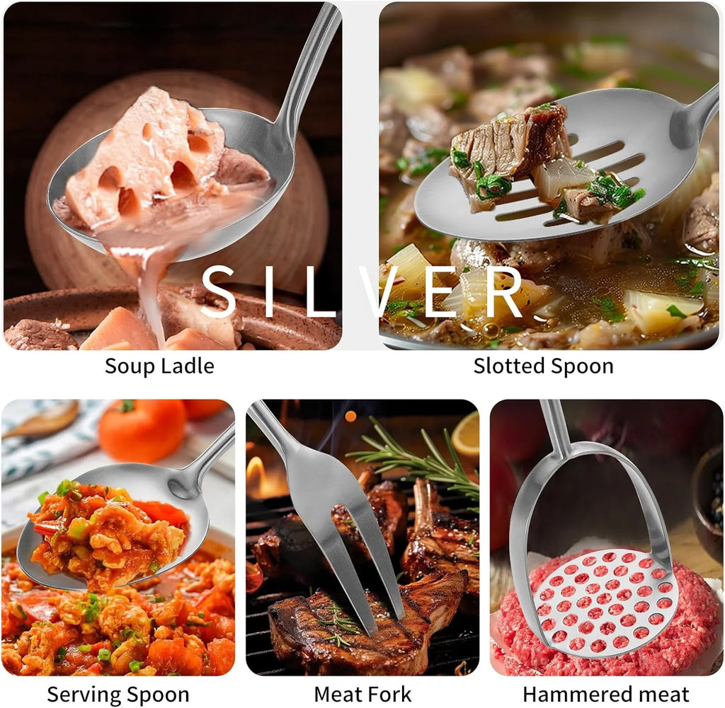 304 Stainlss Steel Kitchen Utensils Set 12 Pcs Long Metal Cooking Utensil Gadgets Tools Set with Spatula Ladle Spoon Ladle Skimmer Tunner Pasta Server Tongs(Silver Dishwasher Suitable) – Convenient Multi-Piece Set for Flexible Room-to-Room Use