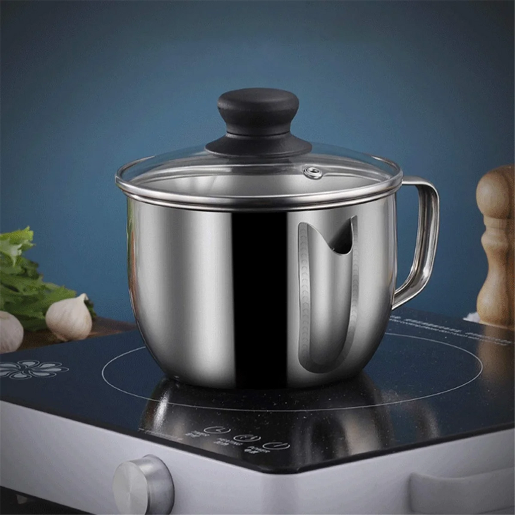 Stainless Steel Fat Separator 1L/4 Cup Gravy Grease with Strainer and Glass Lid Soup Oil Cup – Durable Stainless Steel Construction for Flexible Room-to-Room Use