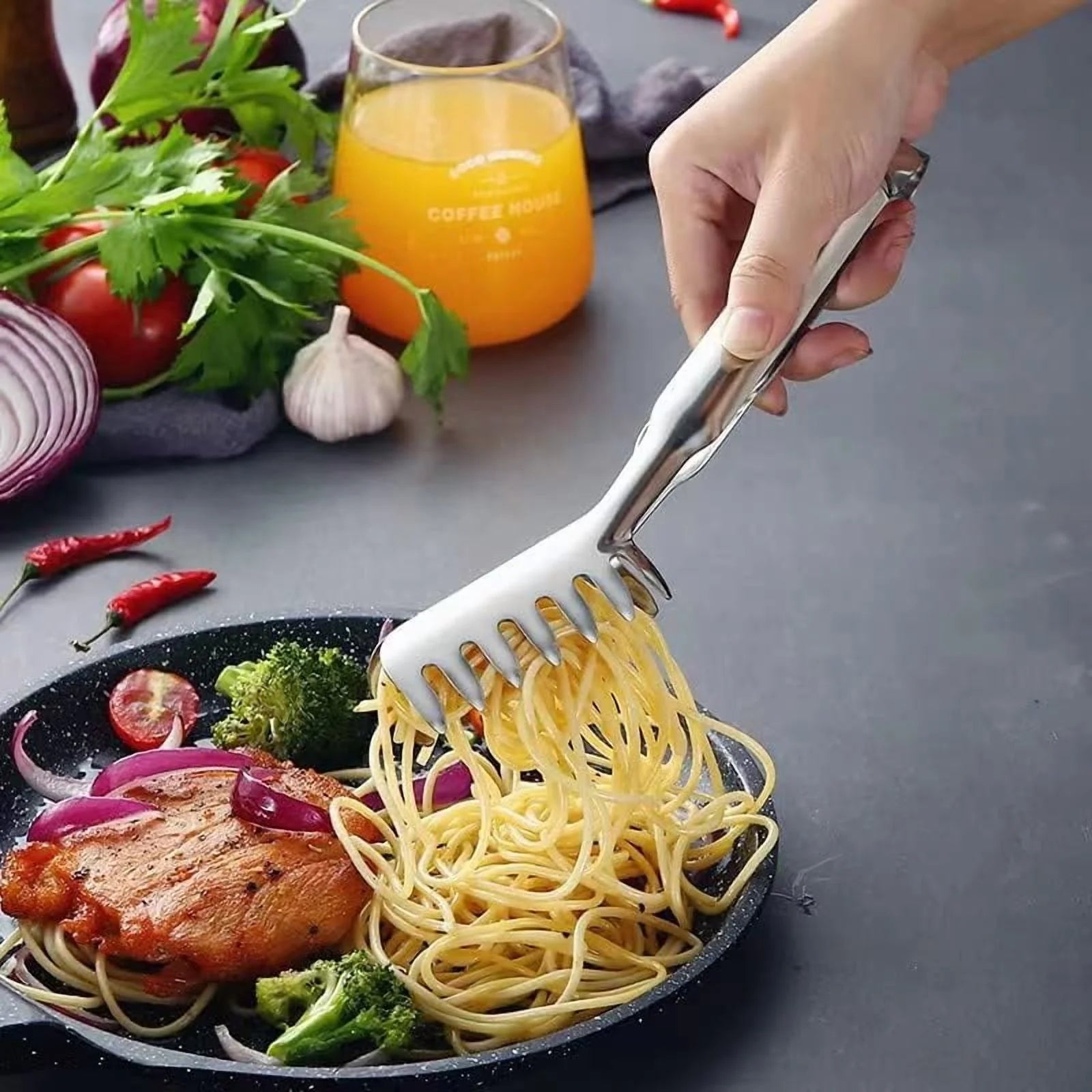 2-Piece Spaghetti Set Stainless Steel Pasta& Tongs Heat Resistant 12 Inch – Durable Stainless Steel Construction for Flexible Room-to-Room Use