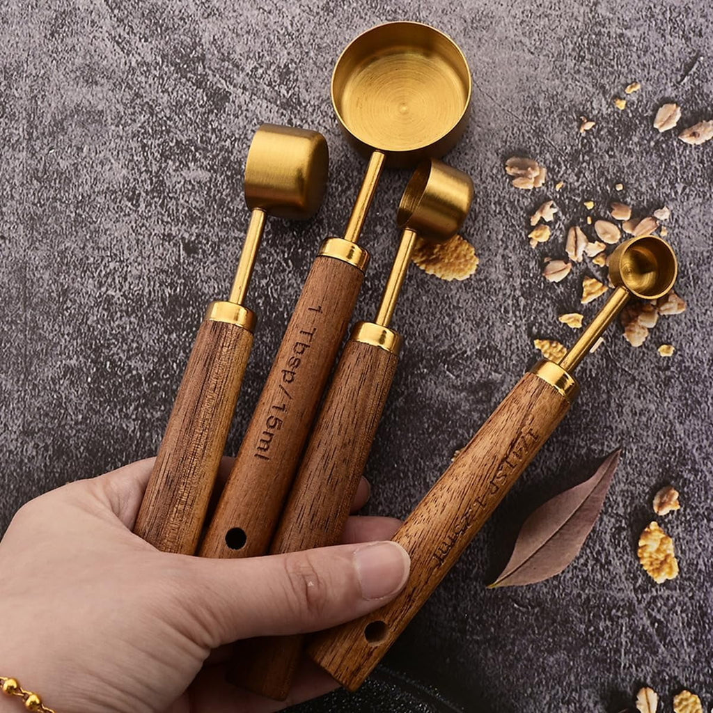 8 pieces Golden Measuring Cups Set and Measuring Spoons Set with Scale Wooden Handle Stainless Steel Dry & Liquid Measuring Cup for Cooking Baking – Convenient Carry Handles for Flexible Room-to-Room Use