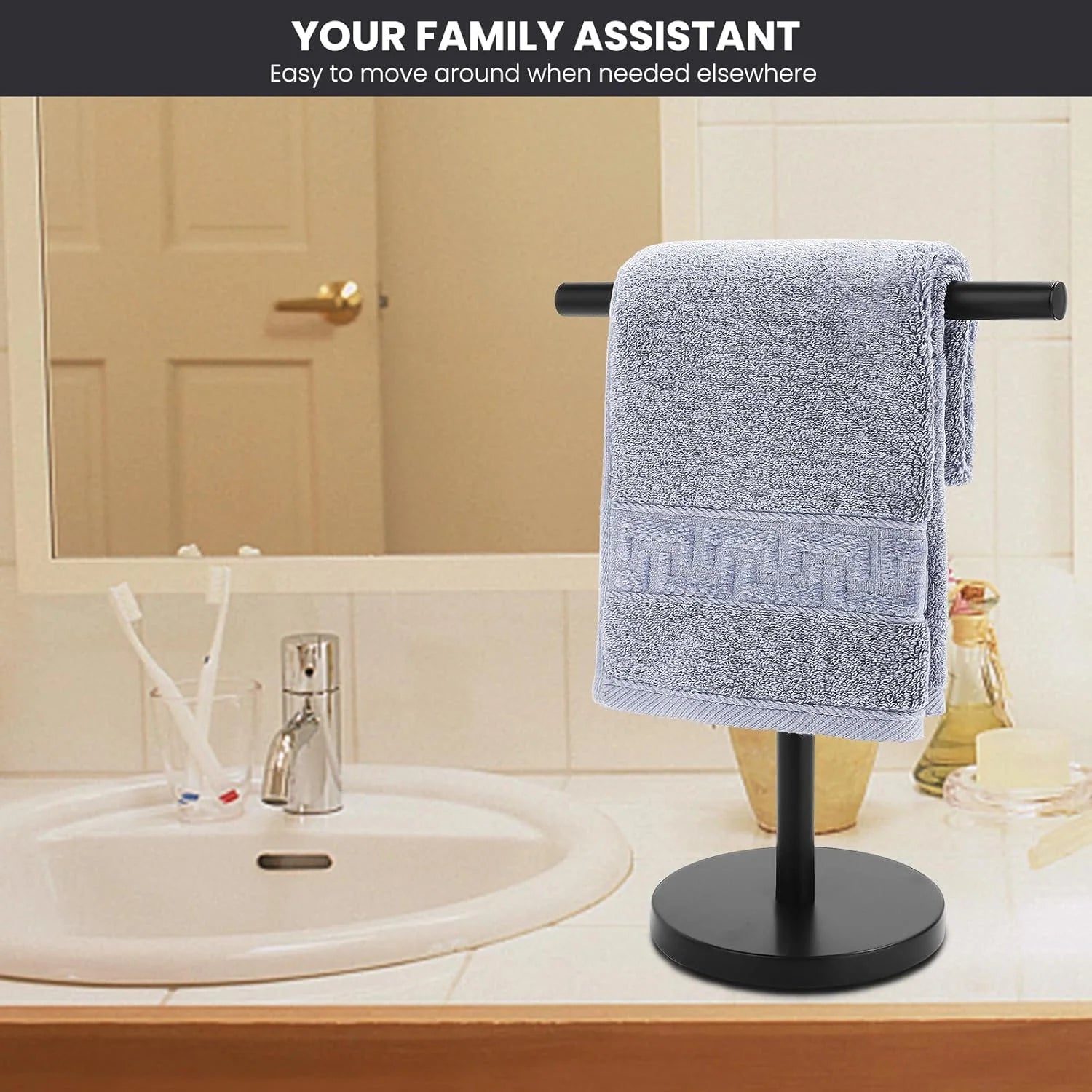 T-Shape Bath Hand Towel Holder Stand Stainless Steel Free Standing Hand Towel Rack with Heavy Base for Bathroom Kitchen & Countertop Matte Black – Durable Stainless Steel Construction for Flexible Room-to-Room Use