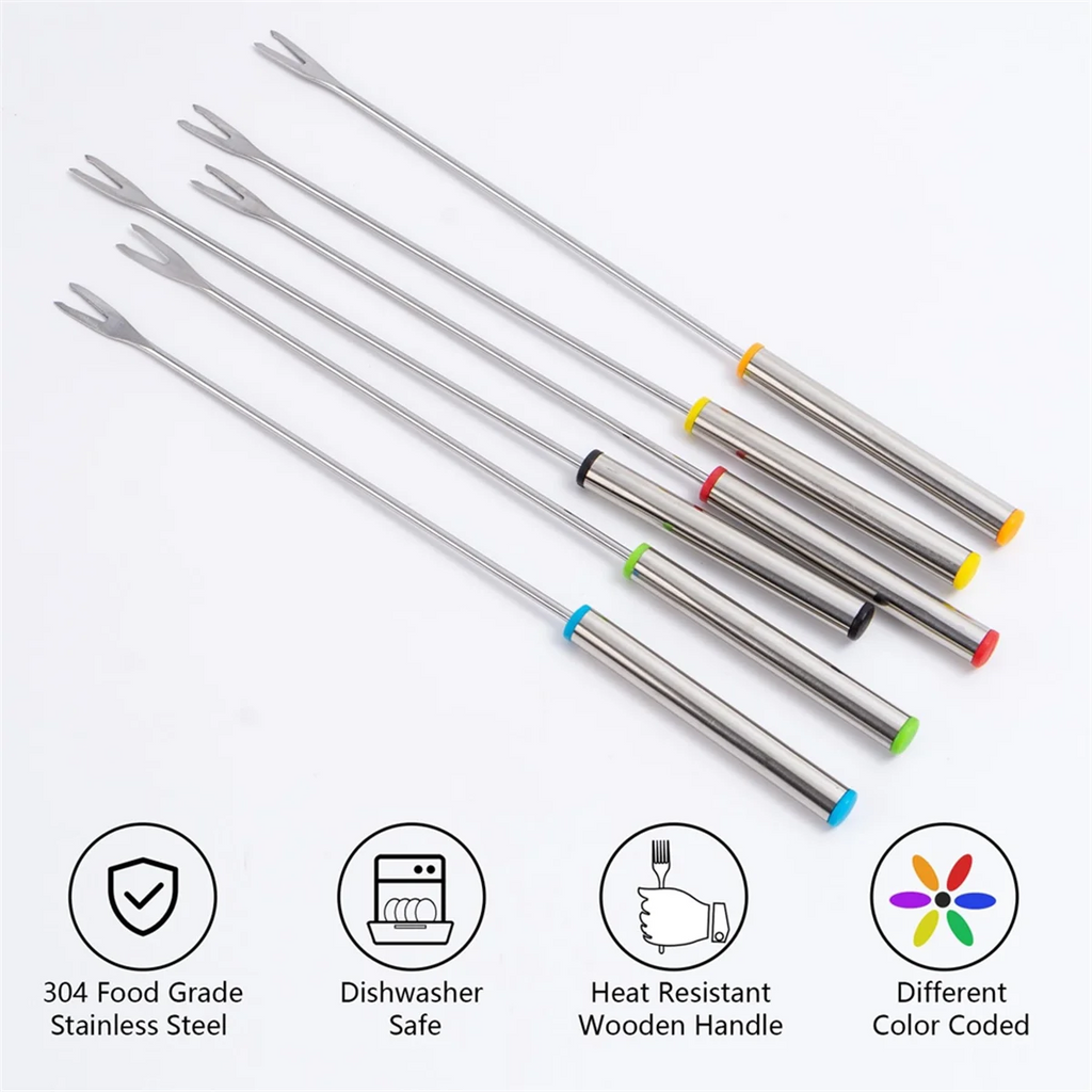 12PCS 9.5 Inch Color-Coded Stainless Steel Fondue Forks Cheese Fork Fruit with Heat-Blocking – Durable Stainless Steel Construction for Flexible Room-to-Room Use