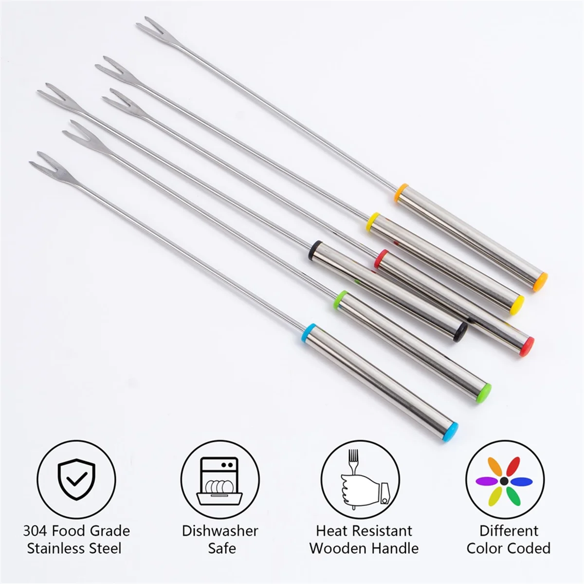 12PCS 9.5 Inch Color-Coded Stainless Steel Fondue Forks Cheese Fork Fruit with Heat-Blocking – Durable Stainless Steel Construction for Flexible Room-to-Room Use