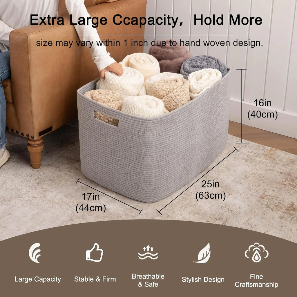 118L XXXLarge Cotton Rope Storage Basket Oversized Blanket Basket Used for Organizing Dirty Clothes in Living Room Bedroom Nursery Dog Toy Storage Bins 25" x 17" x 16",Grey – Practical Home Organization for Flexible Room-to-Room Use