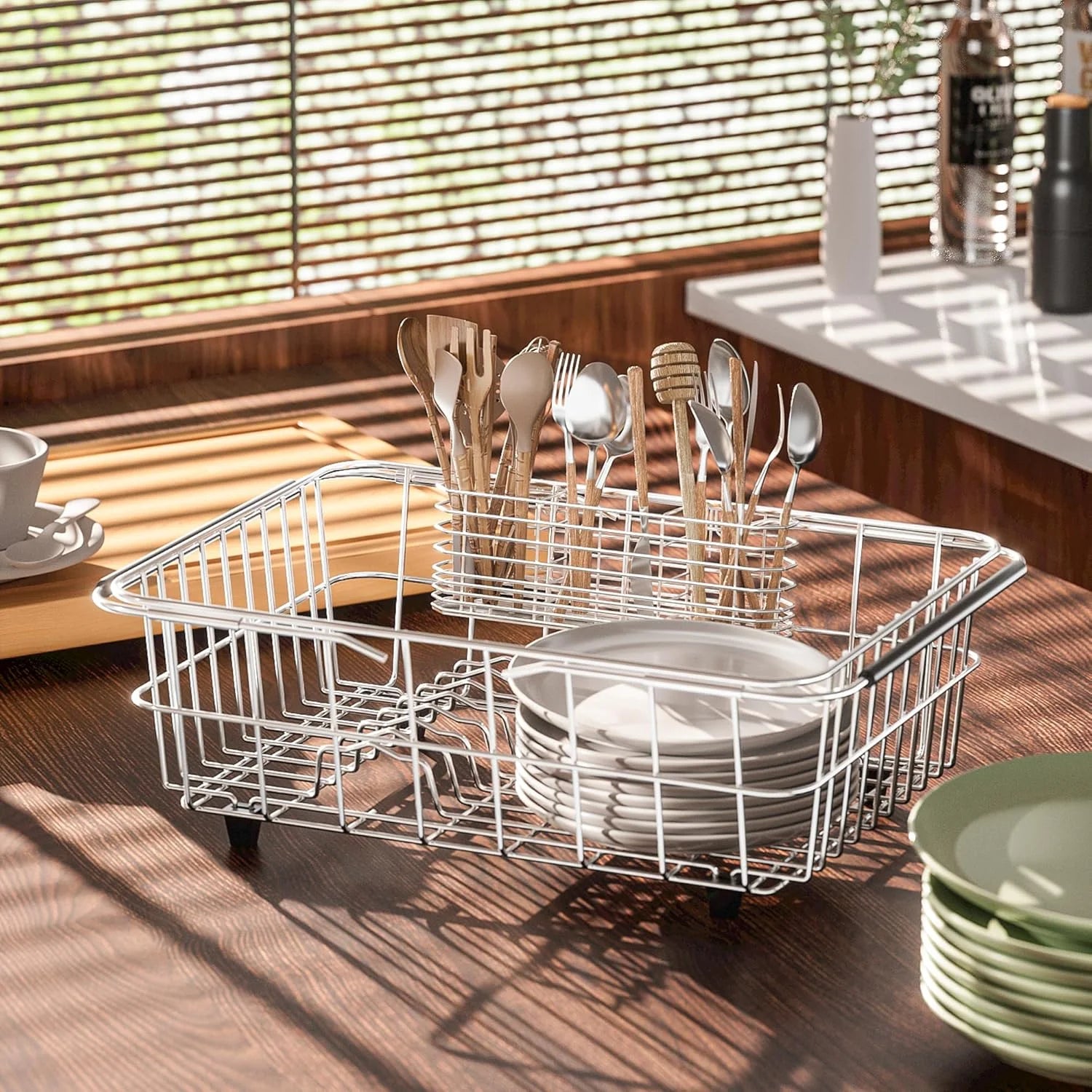 304 Stainless Steel Utensil Holder Dish Drying Rack kitchen Utensil Organizer Knife and Fork Drainage Rack Kitchen Drainage Basket Accessories With Hooks Rust-resistant Color-Silver – Durable Stainless Steel Construction for Flexible Room-to-Room Use