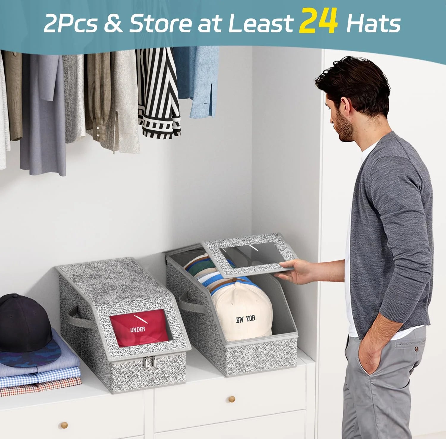 2 Pcs Stackable Hat Storage for Baseball Caps Holds up to 24 Caps Hat Organizer for Closet Sturdy Snapback Boxes for Men with Cardboard Grey – Stackable Organization for Flexible Room-to-Room Use
