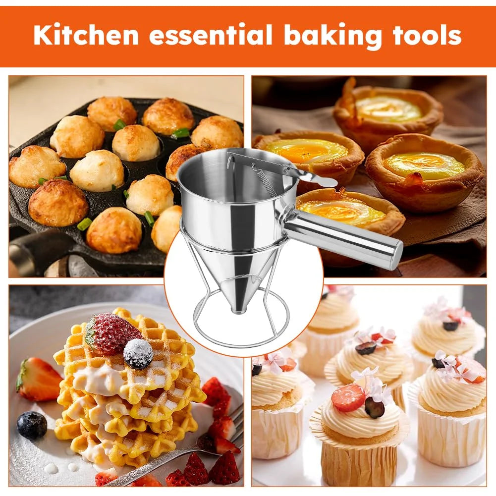 Stainless Steel Pancake Batter Dispenser with Squeeze Handle Kitchen Funnel Tools Pancake Dispenser for Pancakes Cupcakes Takoyaki and Baked Goods – Convenient Carry Handles for Flexible Room-to-Room Use