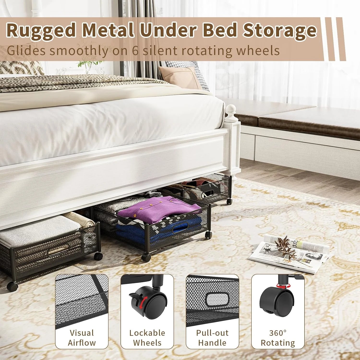 47.2'' Long Under Bed Storage on Wheels 57.6L Large Capacity Rolling Under the Bed Storage Containers Tool-Free Assembly Foldable Underbed Shoes Clothes Toy Drawers – Multiroom Organization Format for Flexible Room-to-Room Use