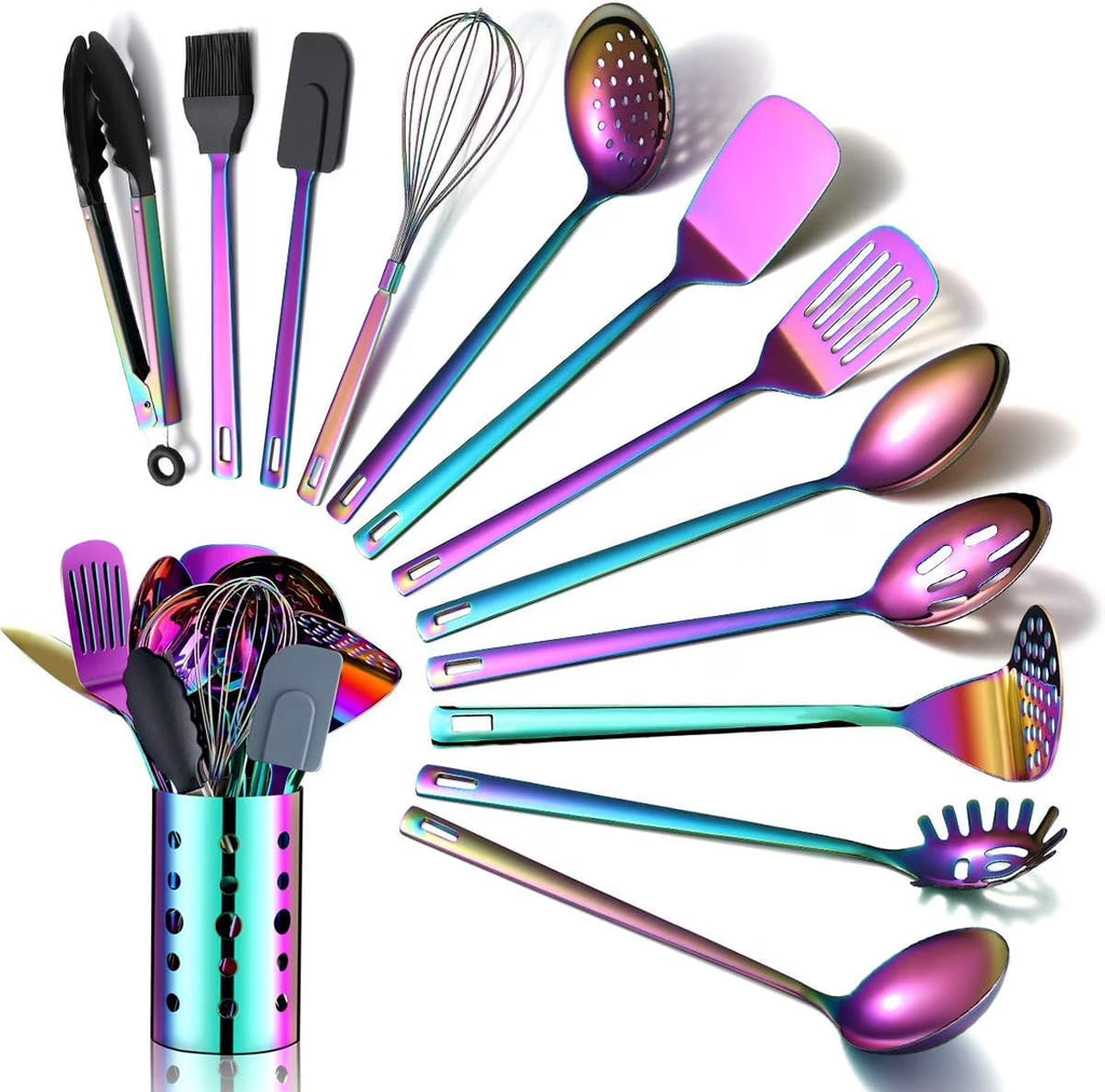 Rainbow Kitchen Utensil Set 13-Piece Stainless Steel Cookware Set Titanium Rainbow Plating Kitchen Tool Set with Cutlery Holder Suitable for Non-stick Cookware Dishwasher Suitable – Durable Stainless Steel Construction for Flexible Room-to-Room Use