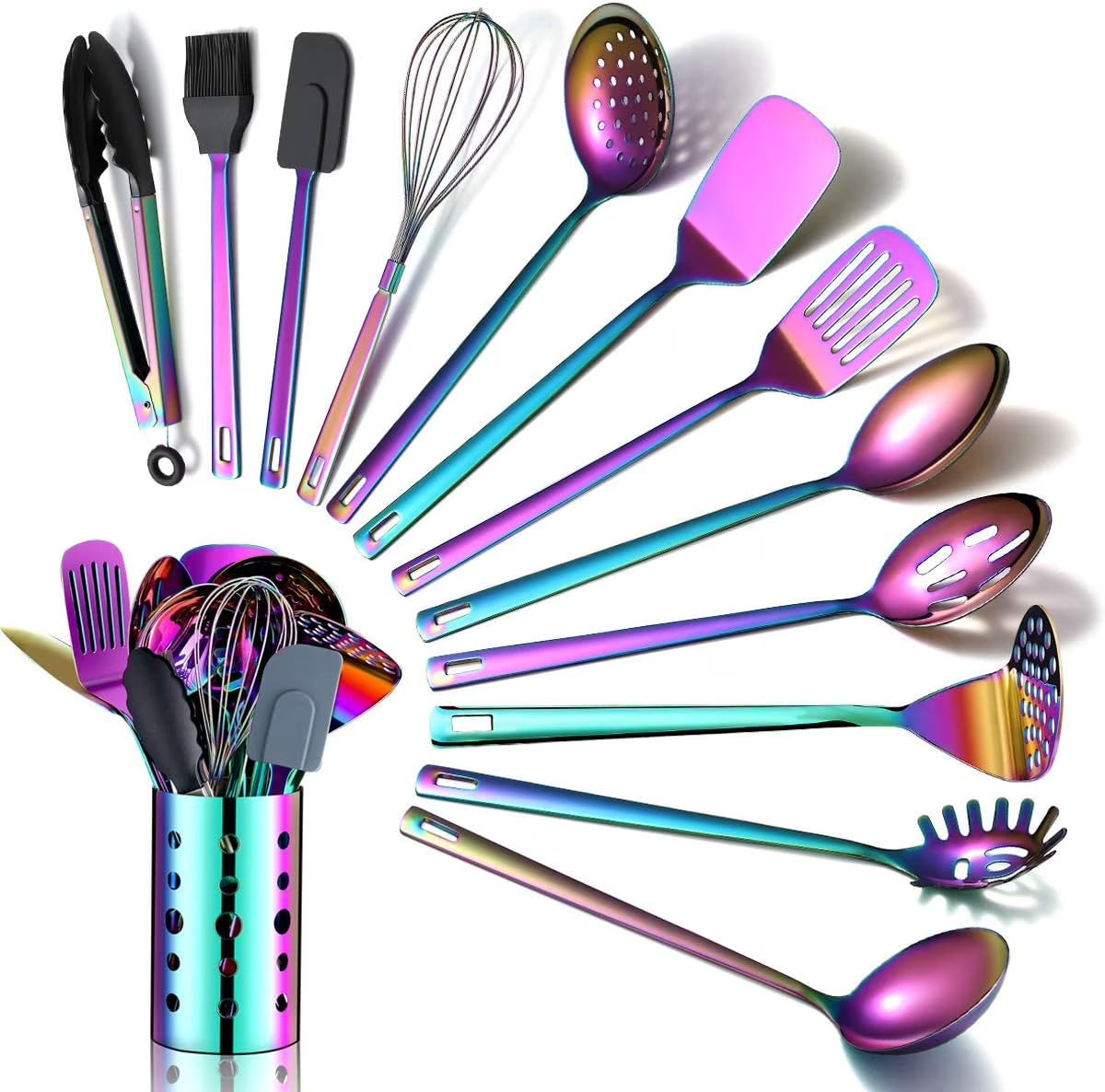 Rainbow Kitchen Utensil Set 13-Piece Stainless Steel Cookware Set Titanium Rainbow Plating Kitchen Tool Set with Cutlery Holder Suitable for Non-stick Cookware Dishwasher Suitable – Durable Stainless Steel Construction for Flexible Room-to-Room Use
