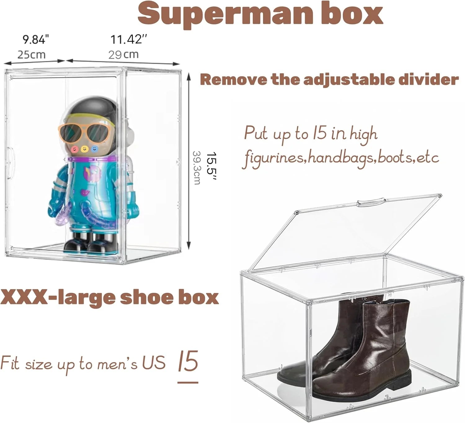 XXX-Large Clear Acrylic Display Case Boot Shoe Storage Boxes With An Adjustable Divider,2 Pack 2 Tiers Clear Plastic Stackable Storage Bins With Lids Big Display Acrylic Box With Magnetic Door – Multiroom Organization Format for Flexible Room-to-Room Use