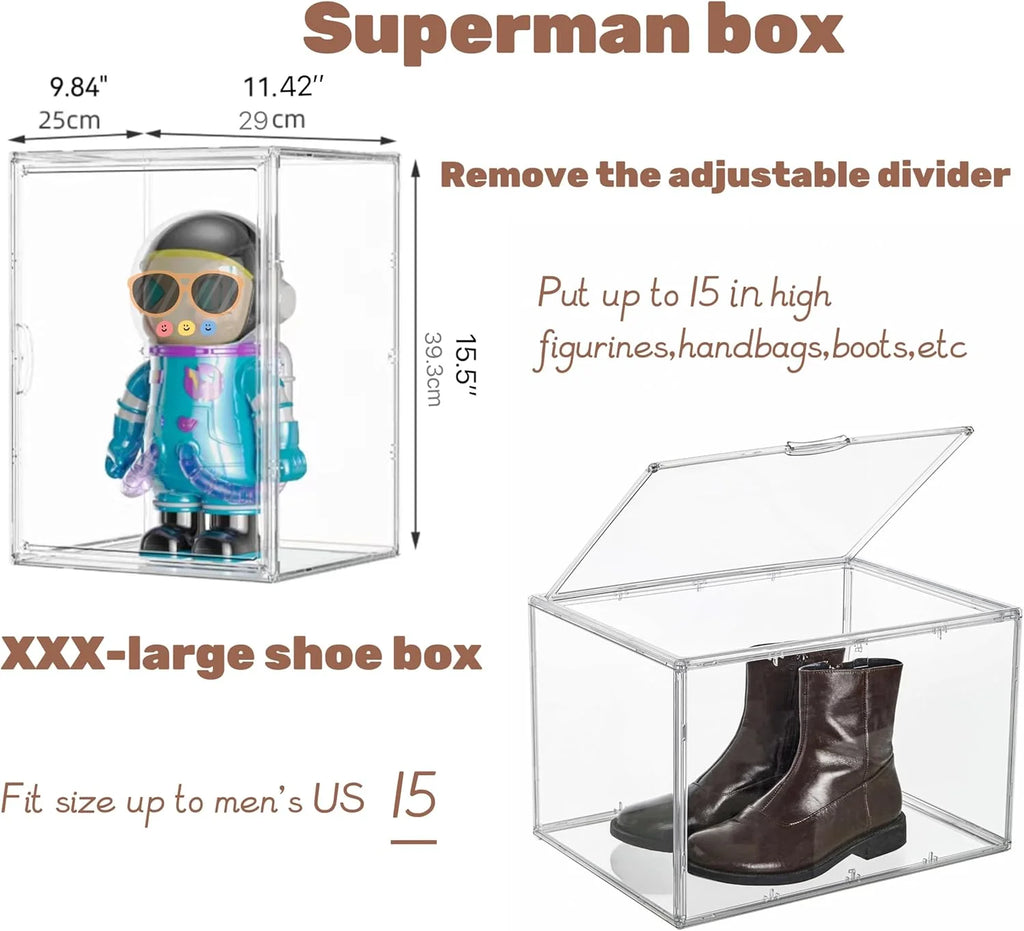 XXX-Large Clear Acrylic Display Case Boot Shoe Storage Boxes With An Adjustable Divider,2 Pack 2 Tiers Clear Plastic Stackable Storage Bins With Lids Big Display Acrylic Box With Magnetic Door – Everyday Household Format for Flexible Room-to-Room Use