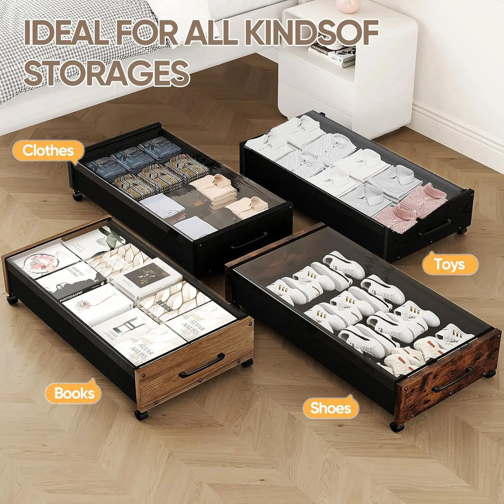 Wooden Under Bed Storage with Wheels Rolling Under the Bed Storage Bins with Removable Lid Metal Under Bed Drawers for Clothes and Shoes in Bedroom or Living Room(Black Wood-2pack) – Easy-Roll Mobility for Flexible Room-to-Room Use