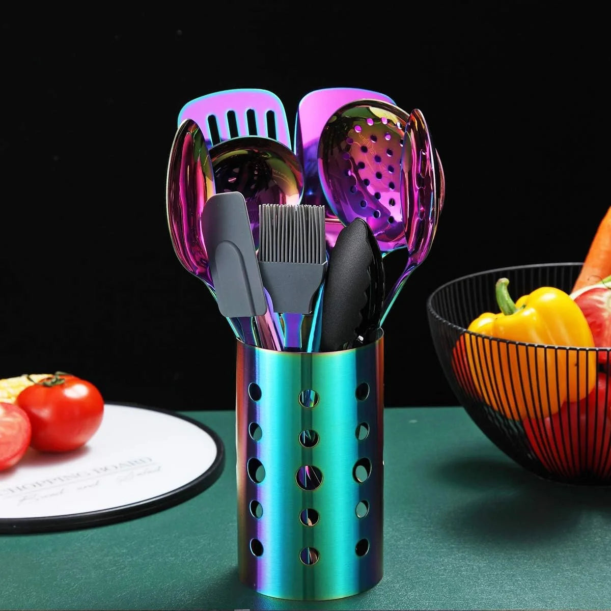 Rainbow Kitchen Utensil Set 13-Piece Stainless Steel Cookware Set Titanium Rainbow Plating Kitchen Tool Set with Cutlery Holder Suitable for Non-stick Cookware Dishwasher Suitable – Durable Stainless Steel Construction for Flexible Room-to-Room Use