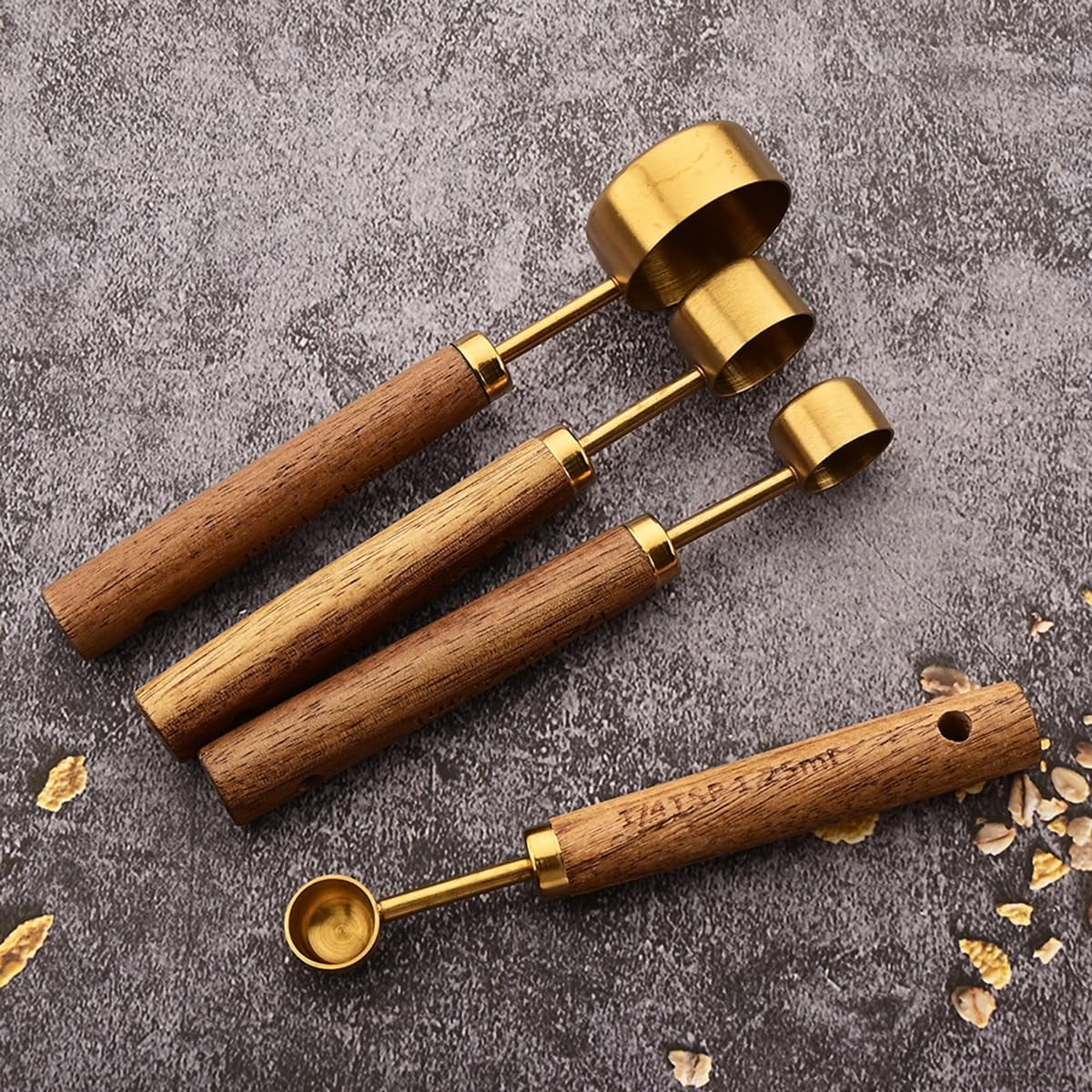 8 pieces Golden Measuring Cups Set and Measuring Spoons Set with Scale Wooden Handle Stainless Steel Dry & Liquid Measuring Cup for Cooking Baking – Convenient Carry Handles for Flexible Room-to-Room Use